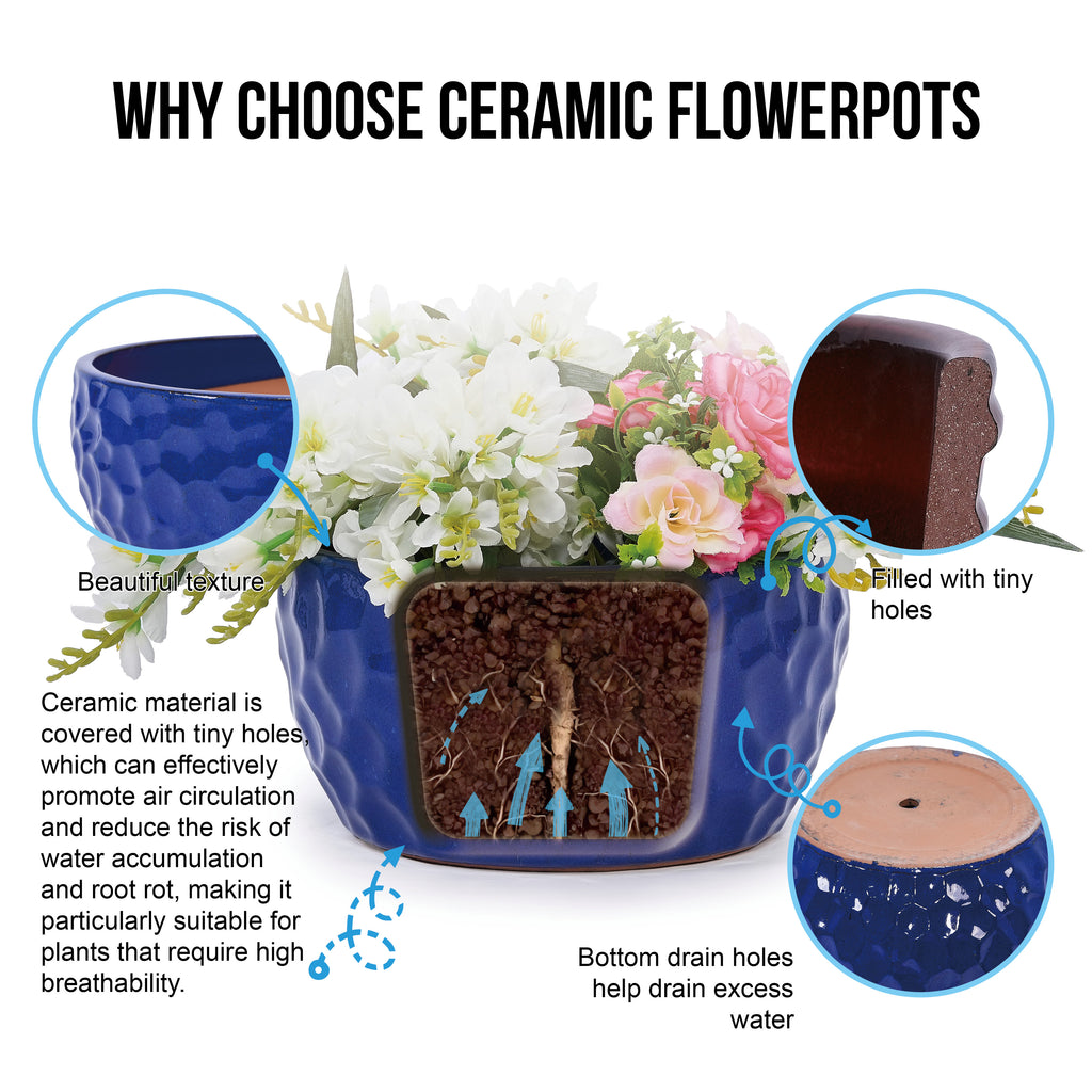 Handmade Ceramic Planter Set of 3, 15"/12"/10" Diameter, Cobalt Blue Hammered Texture, for Succulents & Violets, Indoor/Outdoor Use on Windowsill & Bookshelf, Breathable Clay