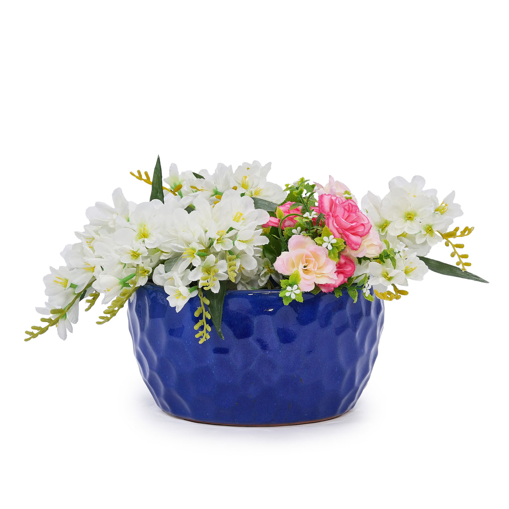 Handmade Ceramic Planter Set of 3, 15"/12"/10" Diameter, Cobalt Blue Hammered Texture, for Succulents & Violets, Indoor/Outdoor Use on Windowsill & Bookshelf, Breathable Clay