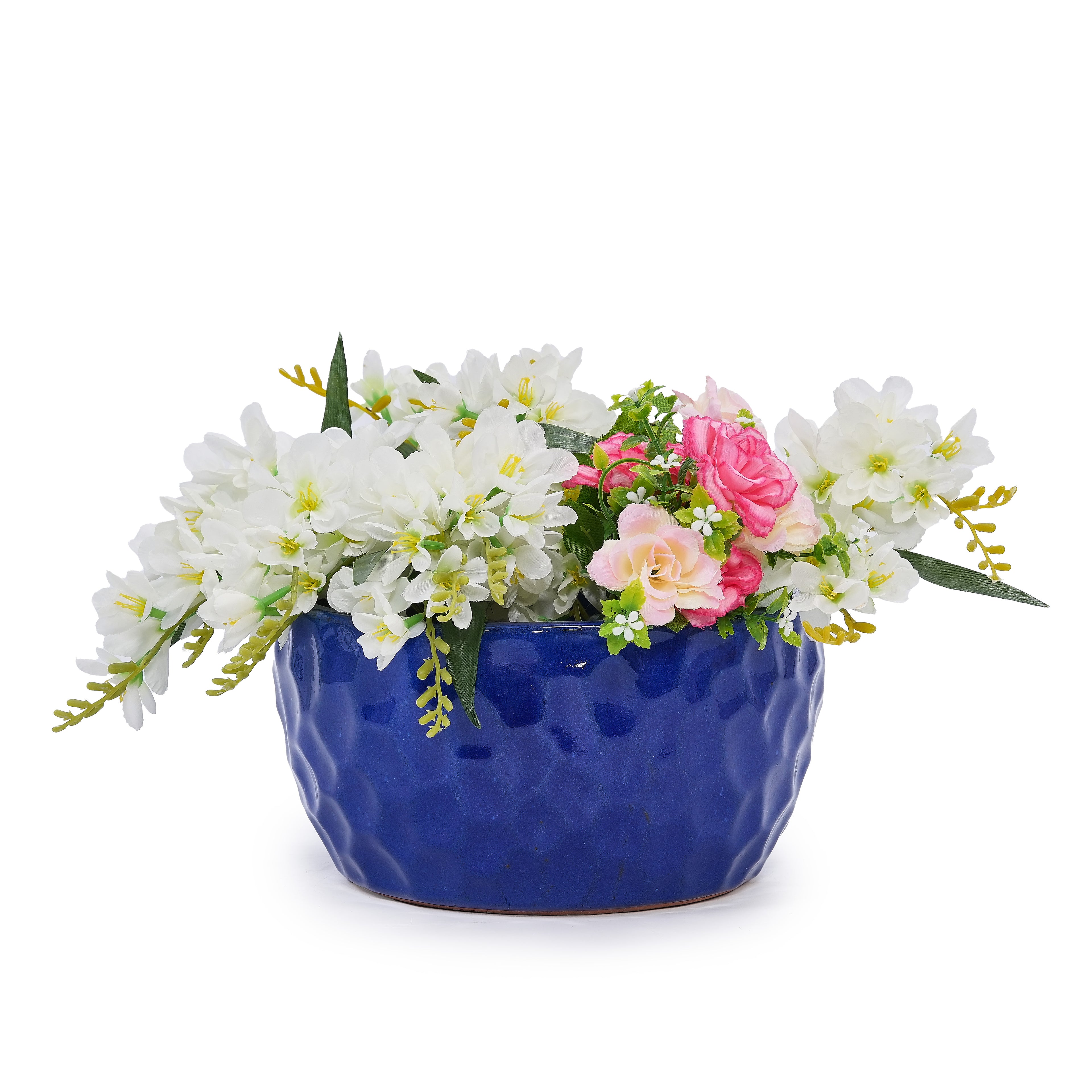 Handmade Ceramic Planter Set of 3, 15"/12"/10" Diameter, Cobalt Blue Hammered Texture, for Succulents & Violets, Indoor/Outdoor Use on Windowsill & Bookshelf, Breathable Clay