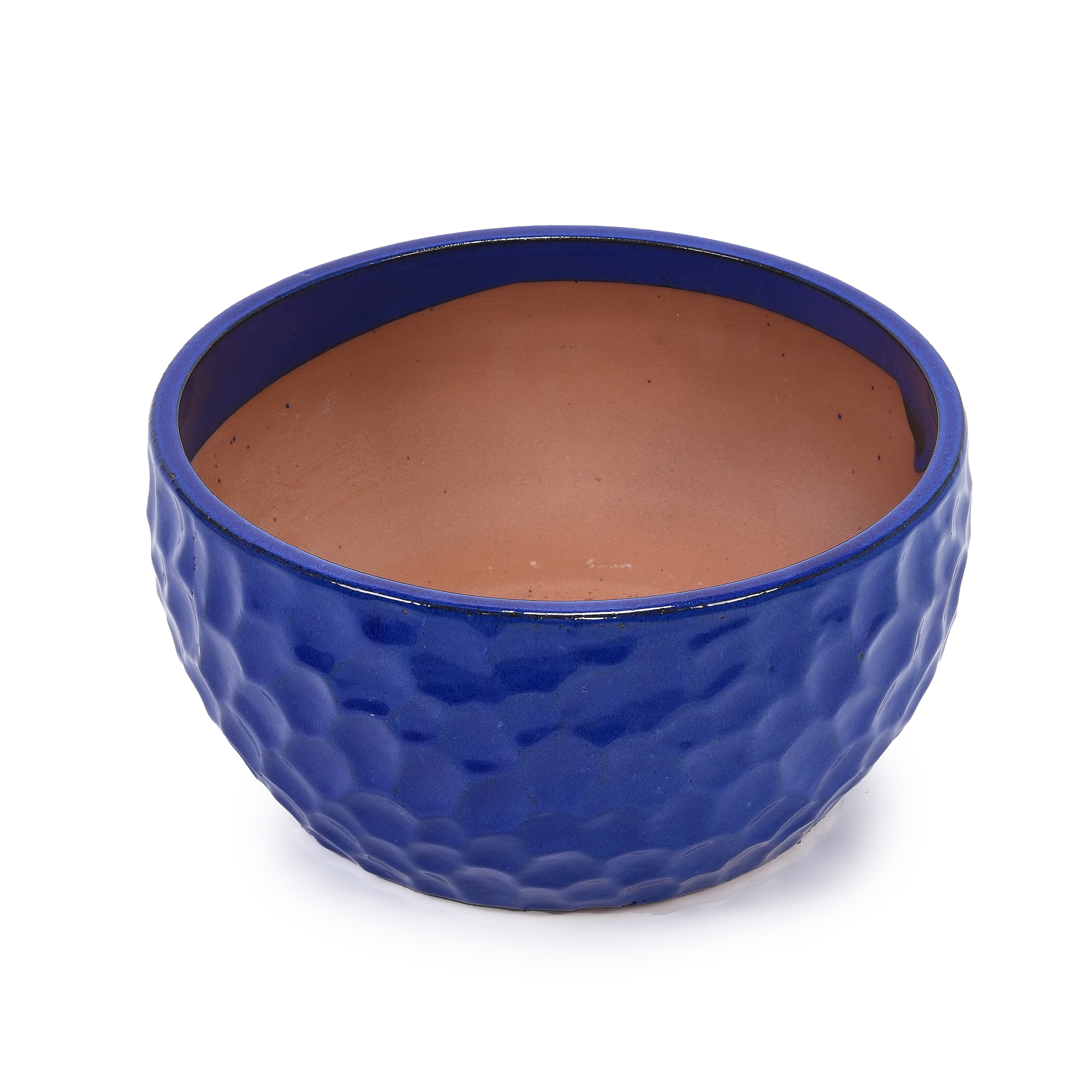 Handmade Ceramic Planter Set of 3, 15"/12"/10" Diameter, Cobalt Blue Hammered Texture, for Succulents & Violets, Indoor/Outdoor Use on Windowsill & Bookshelf, Breathable Clay