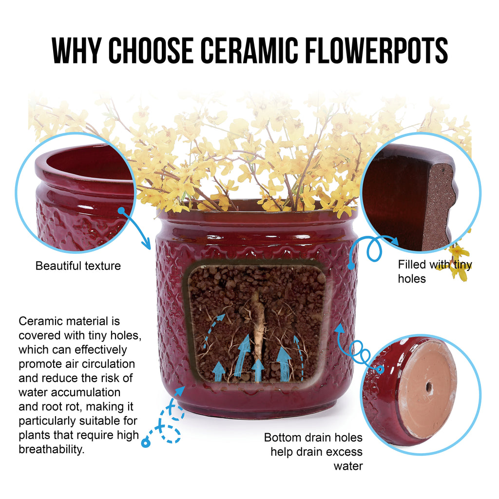 Handmade Ceramic Planter Set of 3, 15/12/9 Inch Diameter, Burgundy Diamond-Pattern, for Orchids & Indoor Plants, Windowsill & Bookshelf Use, Breathable Clay