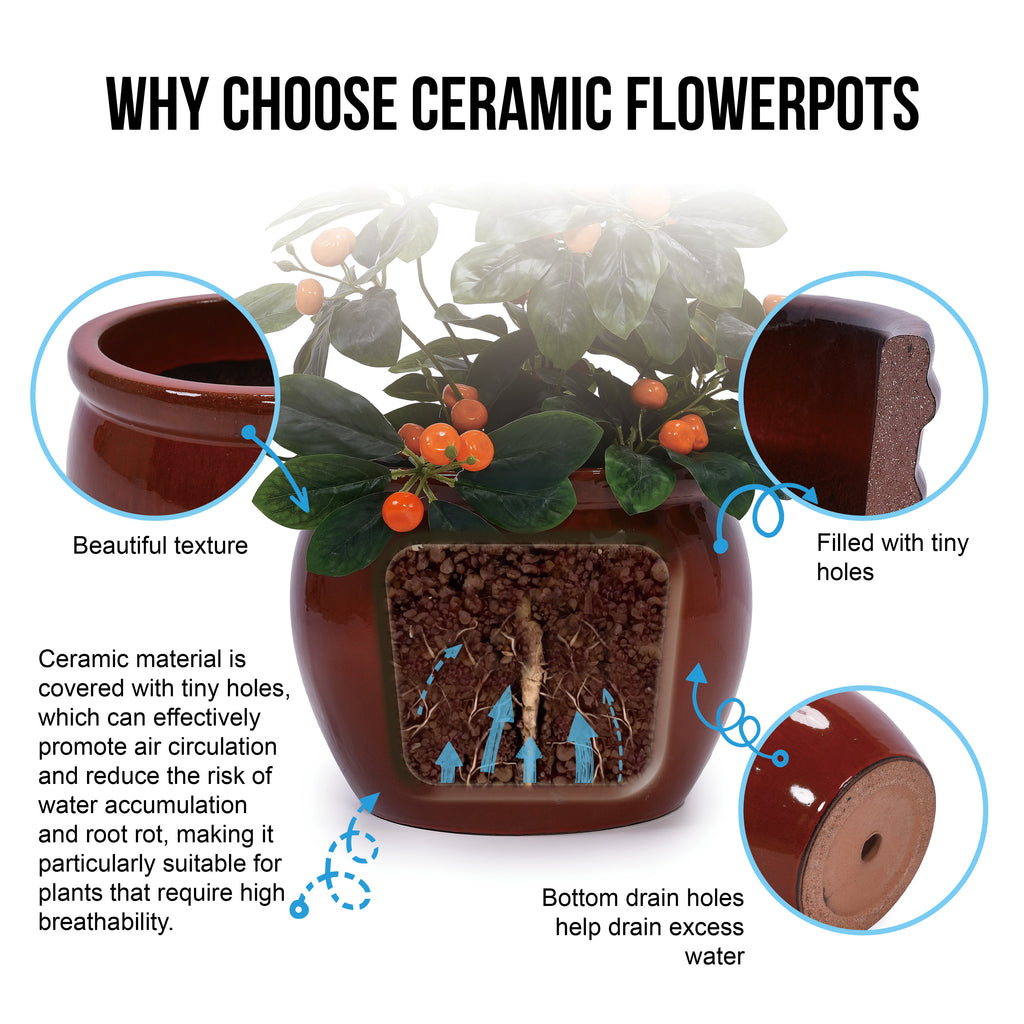 Handmade Rust-Red&Dark Green Ceramic Plant Pots Set of 3, 15/12/9 Inch Diameter,, Indoor & Outdoor Flower Pots for Tables, Couchside, Balcony & Garden, Breathable Clay with Drainage Hole