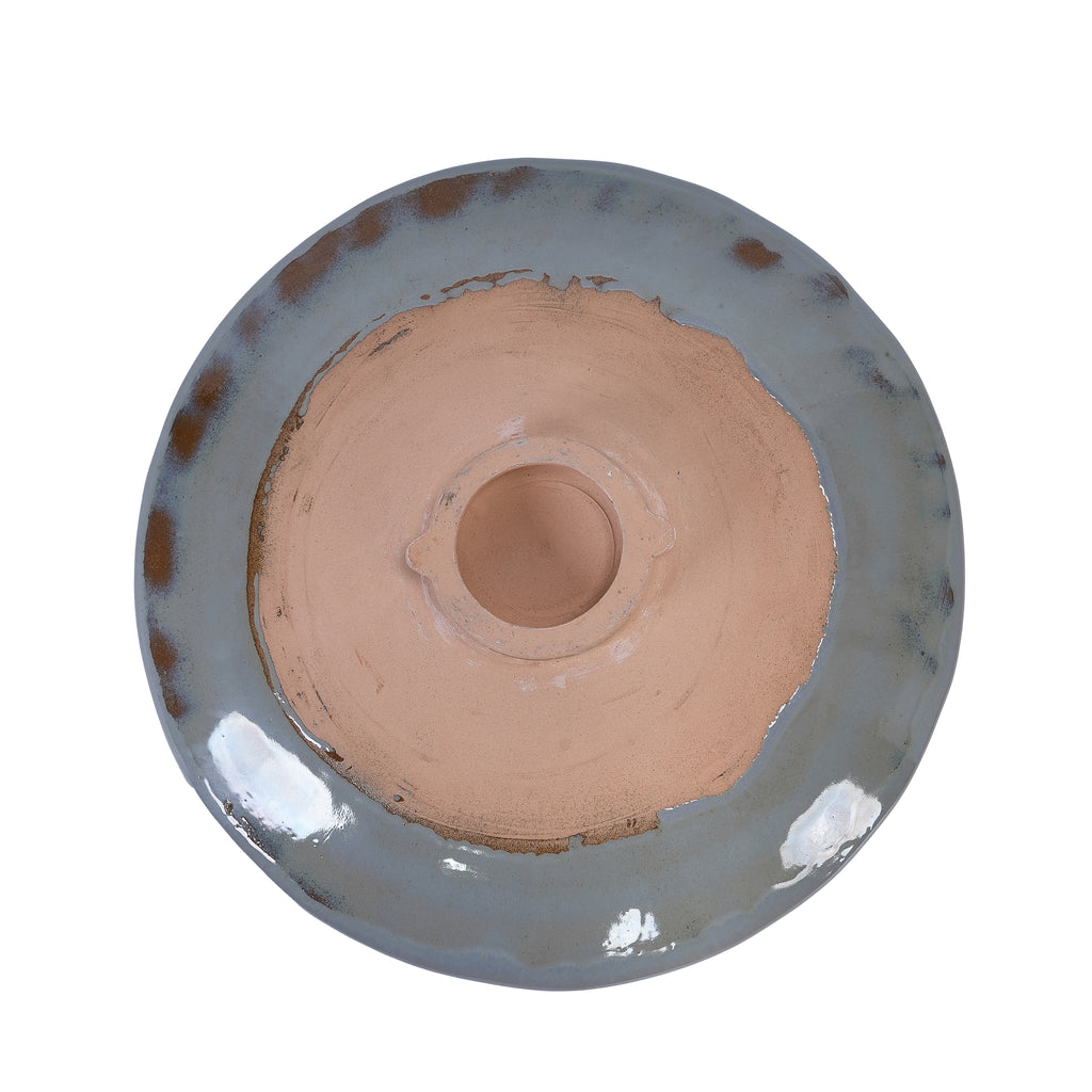 Handmade glazed ceramic bird bath, 17" daisy petal embossed tray & 18" pedestal base, light grey to sapphire blue ombre gradient glaze outdoor bird feeder for yard, lawn, patio & backyard