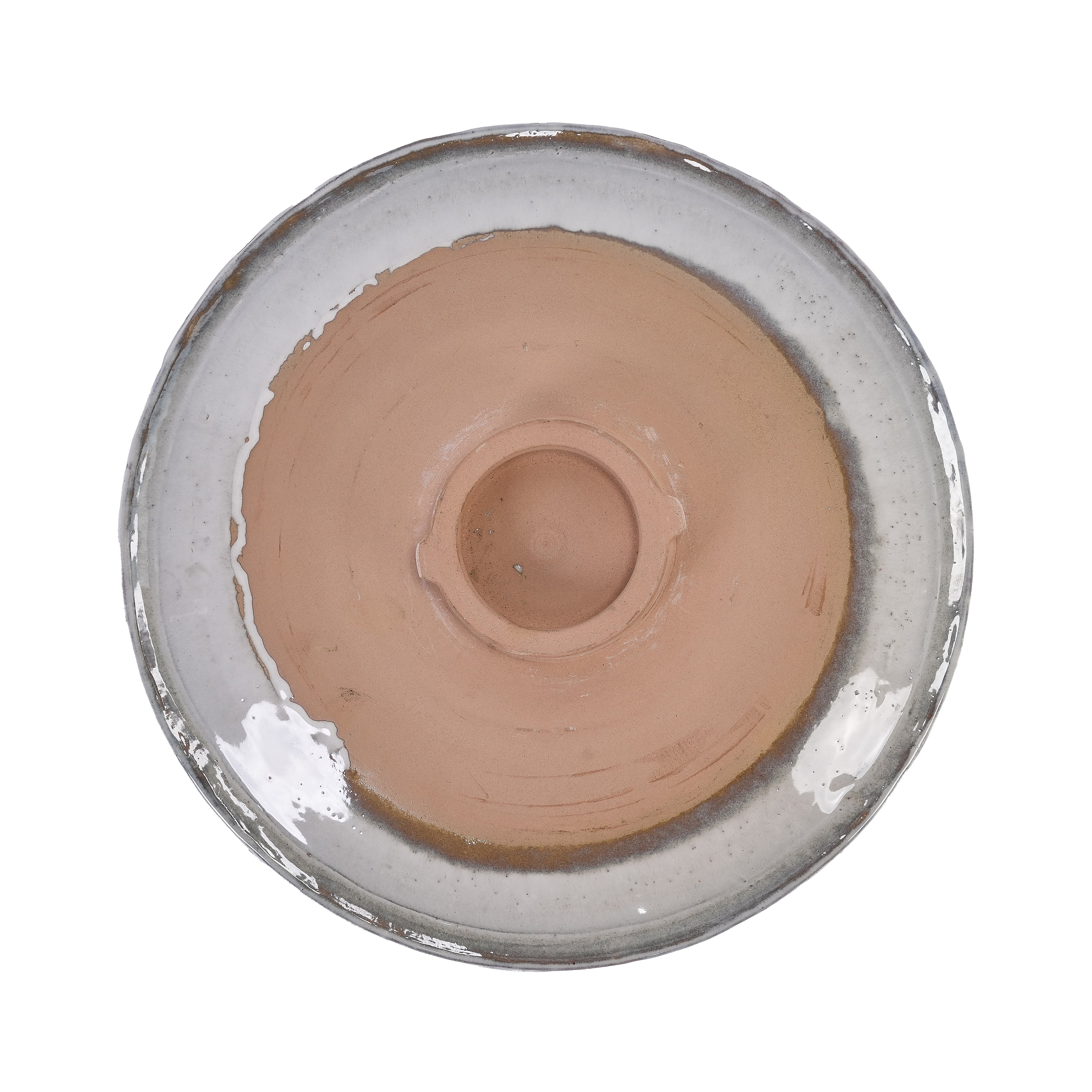 Handmade glazed ceramic bird bath, 17" concentric ripple embossed tray & 18" pedestal base, white to rose ombre gradient glaze outdoor bird feeder for yard, lawn, patio & backyard