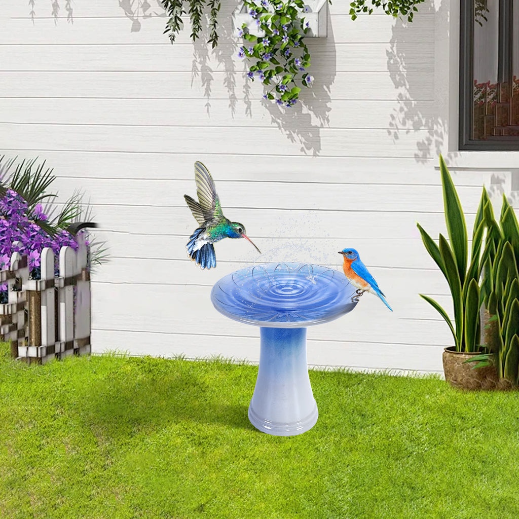 Handmade glazed ceramic bird bath, 17" daisy petal embossed tray & 18" pedestal base, light grey to sapphire blue ombre gradient glaze outdoor bird feeder for yard, lawn, patio & backyard
