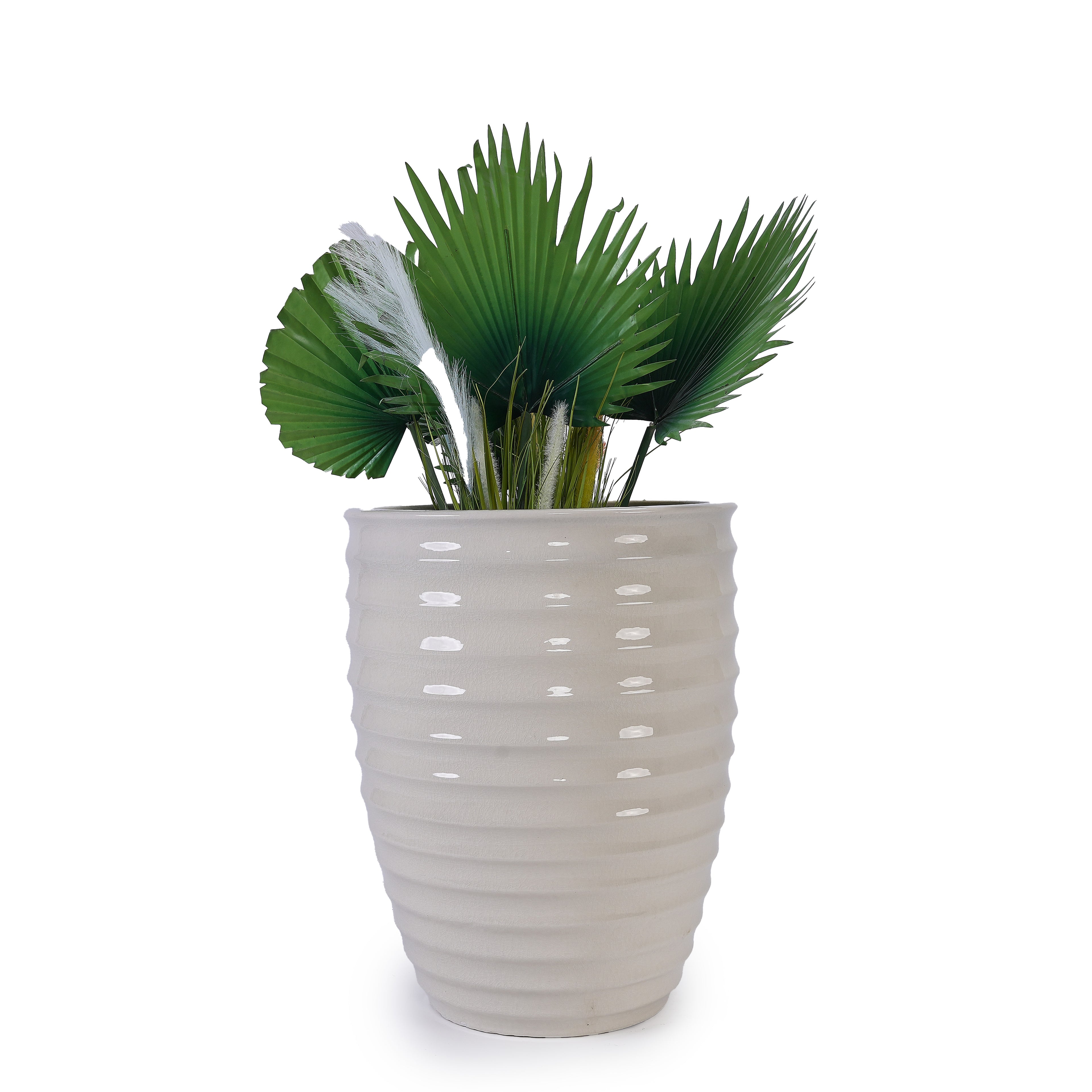 Handmade White Ceramic Planter, 17" Diameter, 1 Piece, Horizontal Ripple & Ice-Crack Pattern, for Monstera and Fiddle Leaf Fig, Indoor & Outdoor Doorway Use, Breathable Clay