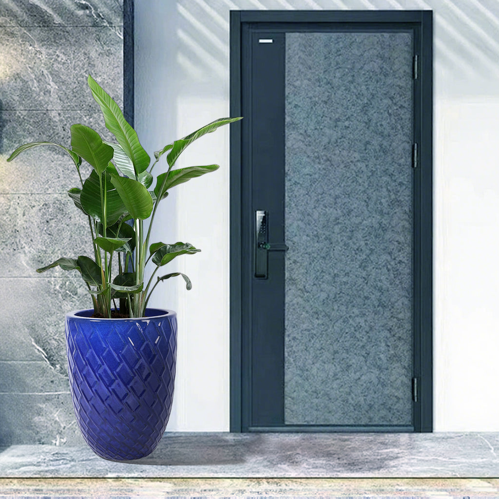 Handmade Ceramic Planter Pot, 17 Inch Diameter, 1 Piece, Sapphire Blue with Diamond Pattern, for Monstera Deliciosa and Fiddle Leaf Fig, Indoor/Outdoor Doorway Use, Breathable Clay