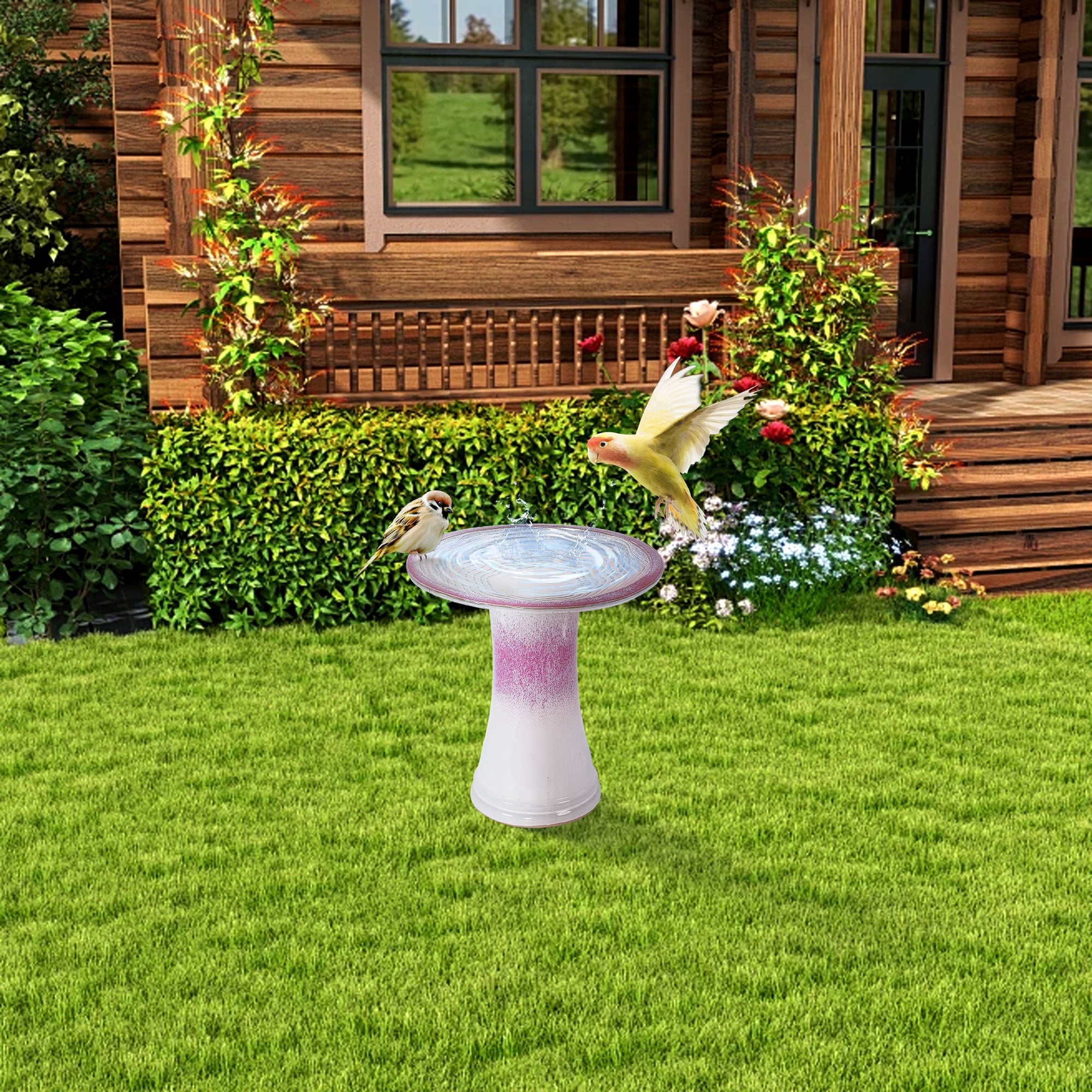 Handmade glazed ceramic bird bath, 17" concentric ripple embossed tray & 18" pedestal base, white to rose ombre gradient glaze outdoor bird feeder for yard, lawn, patio & backyard