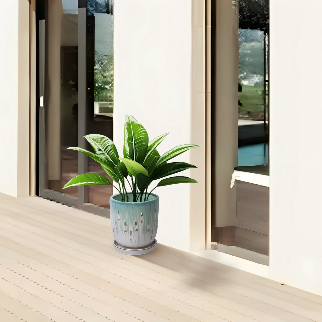 Handmade Green-White Gradient Ceramic Planter Set (7.48"×5.51" & 8.07"×6.1"), Indoor & Outdoor Flower Pots for Orchids, Succulents by Window, Breathable Holes & Lightweight