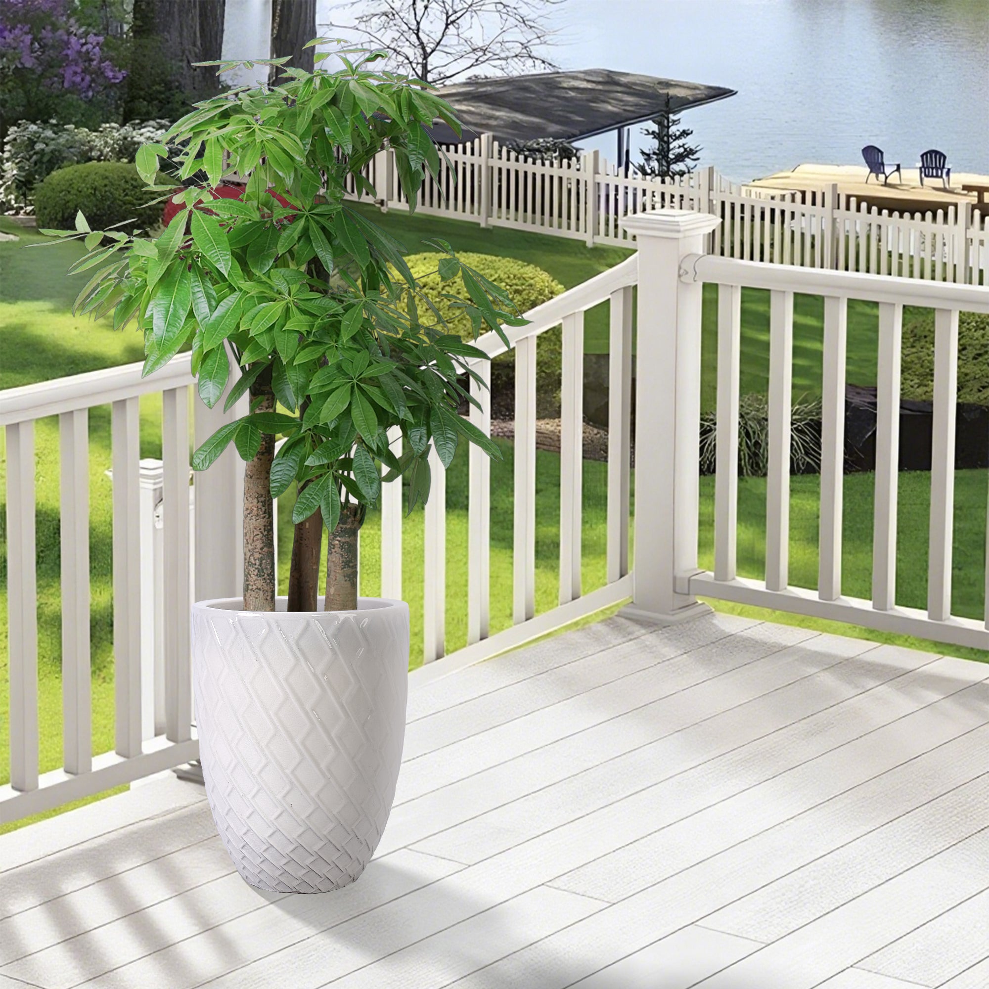 Handmade Ceramic Planter Pot, 17 Inch Diameter, 1 Piece, Cream White with Diamond Pattern, for Monstera Deliciosa and Fiddle Leaf Fig, Indoor/Outdoor Doorway Use, Breathable Clay