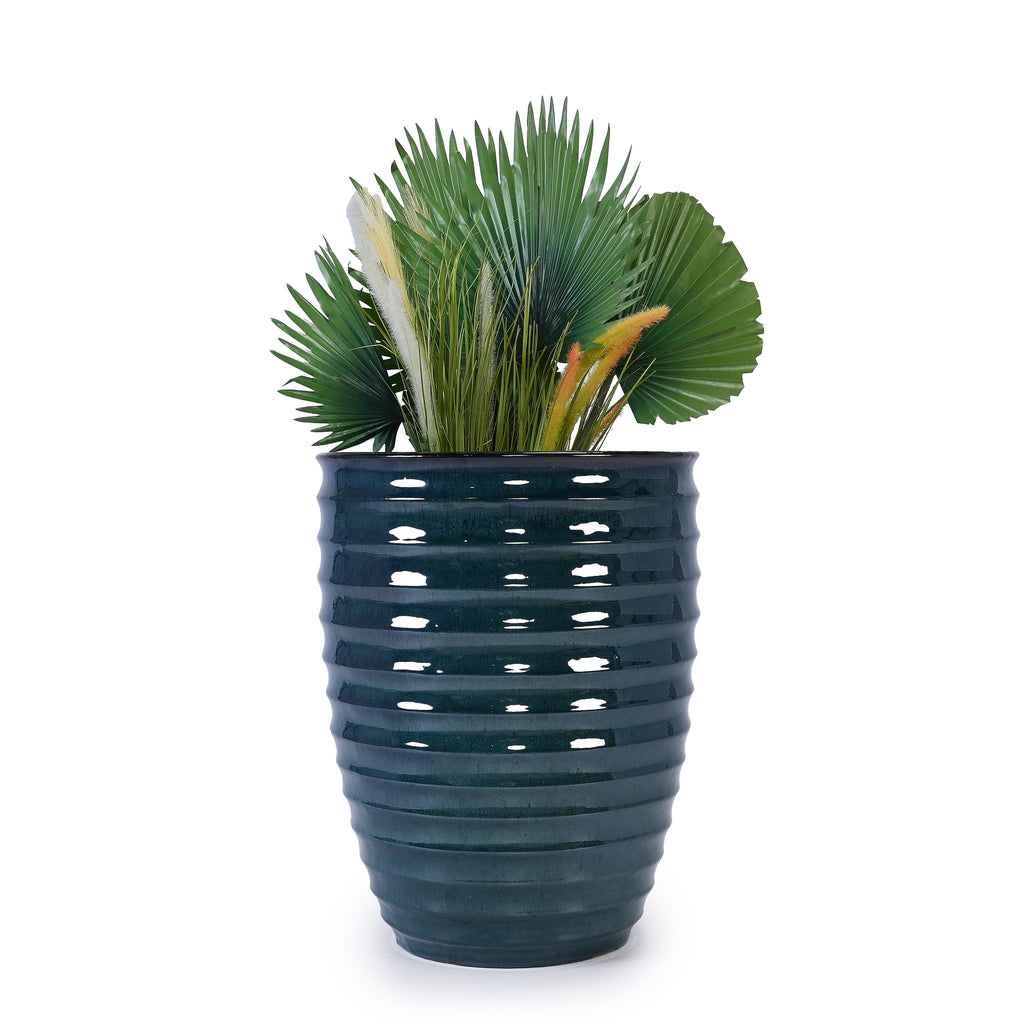 Handmade Deep Green Ceramic Planter, 17 Inch Diameter, 1 Piece, Horizontal Ripples Pattern, for Monstera and Fiddle Leaf Fig, Indoor & Outdoor Doorway Use, Breathable Clay
