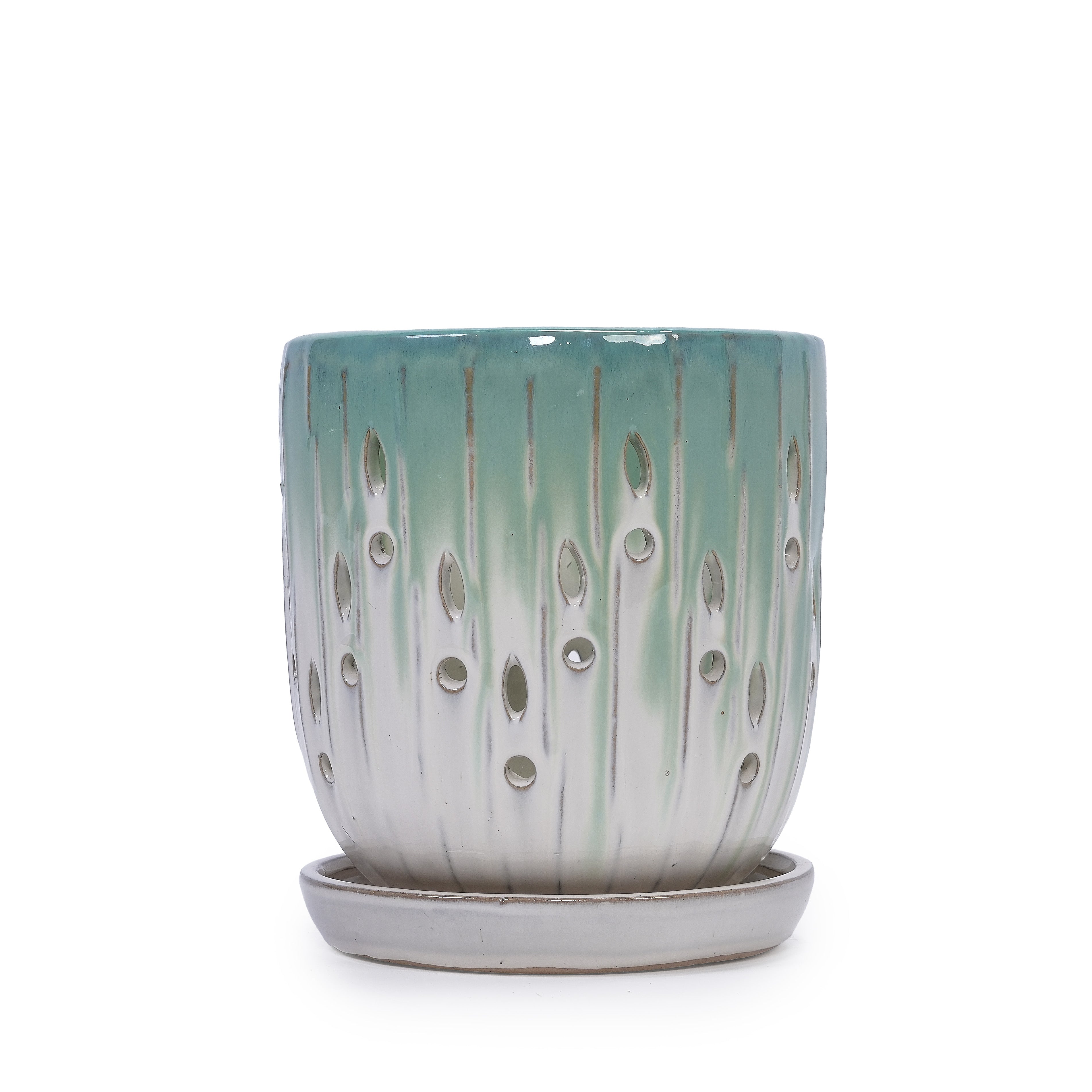 Handmade Green-White Gradient Ceramic Planter Set (7.48"×5.51" & 8.07"×6.1"), Indoor & Outdoor Flower Pots for Orchids, Succulents by Window, Breathable Holes & Lightweight