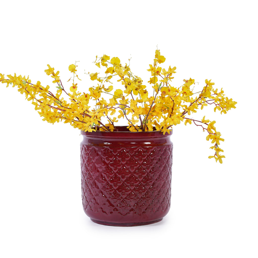 Handmade Ceramic Planter Set of 3, 15/12/9 Inch Diameter, Burgundy Diamond-Pattern, for Orchids & Indoor Plants, Windowsill & Bookshelf Use, Breathable Clay