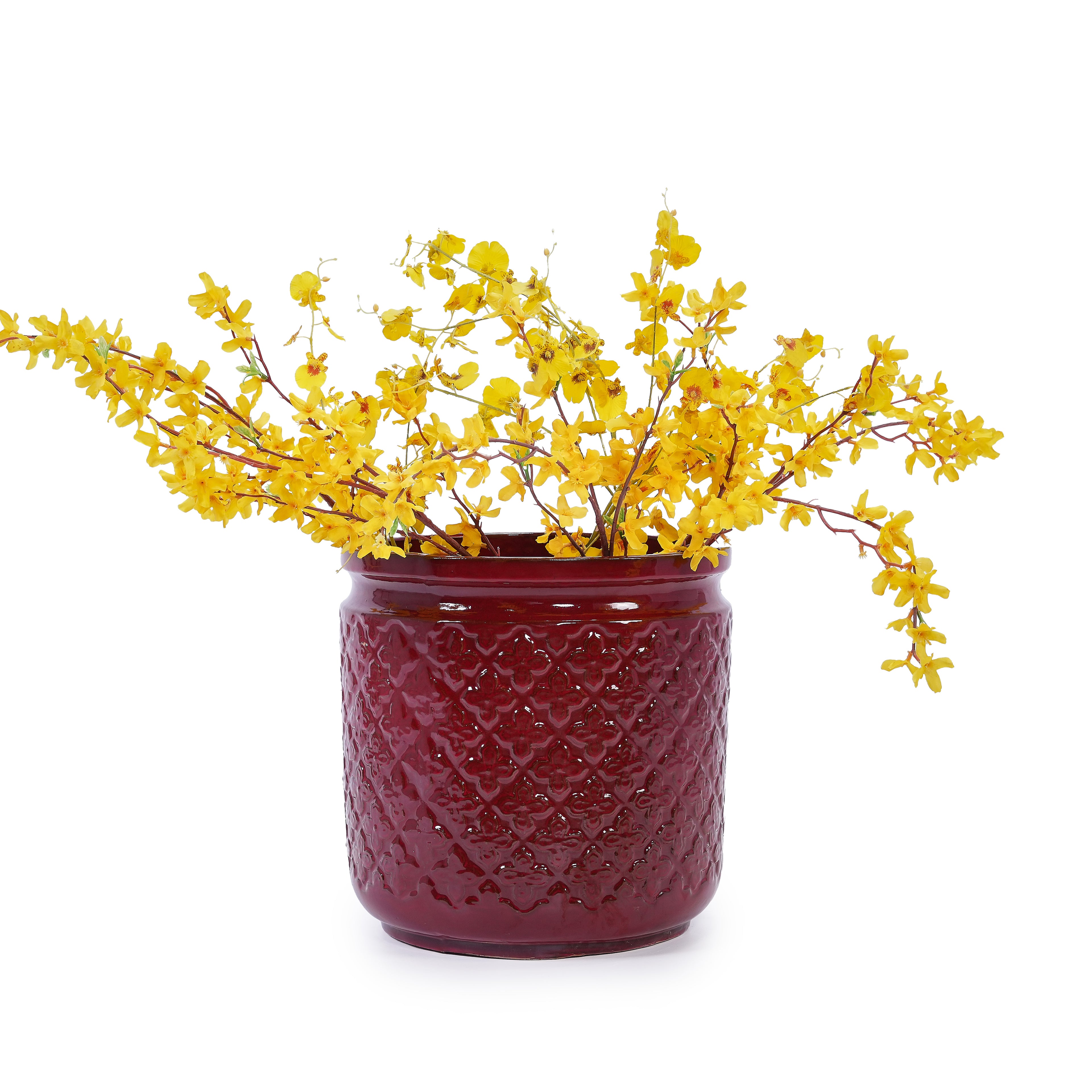 Handmade Ceramic Planter Set of 3, 15/12/9 Inch Diameter, Burgundy Diamond-Pattern, for Orchids & Indoor Plants, Windowsill & Bookshelf Use, Breathable Clay
