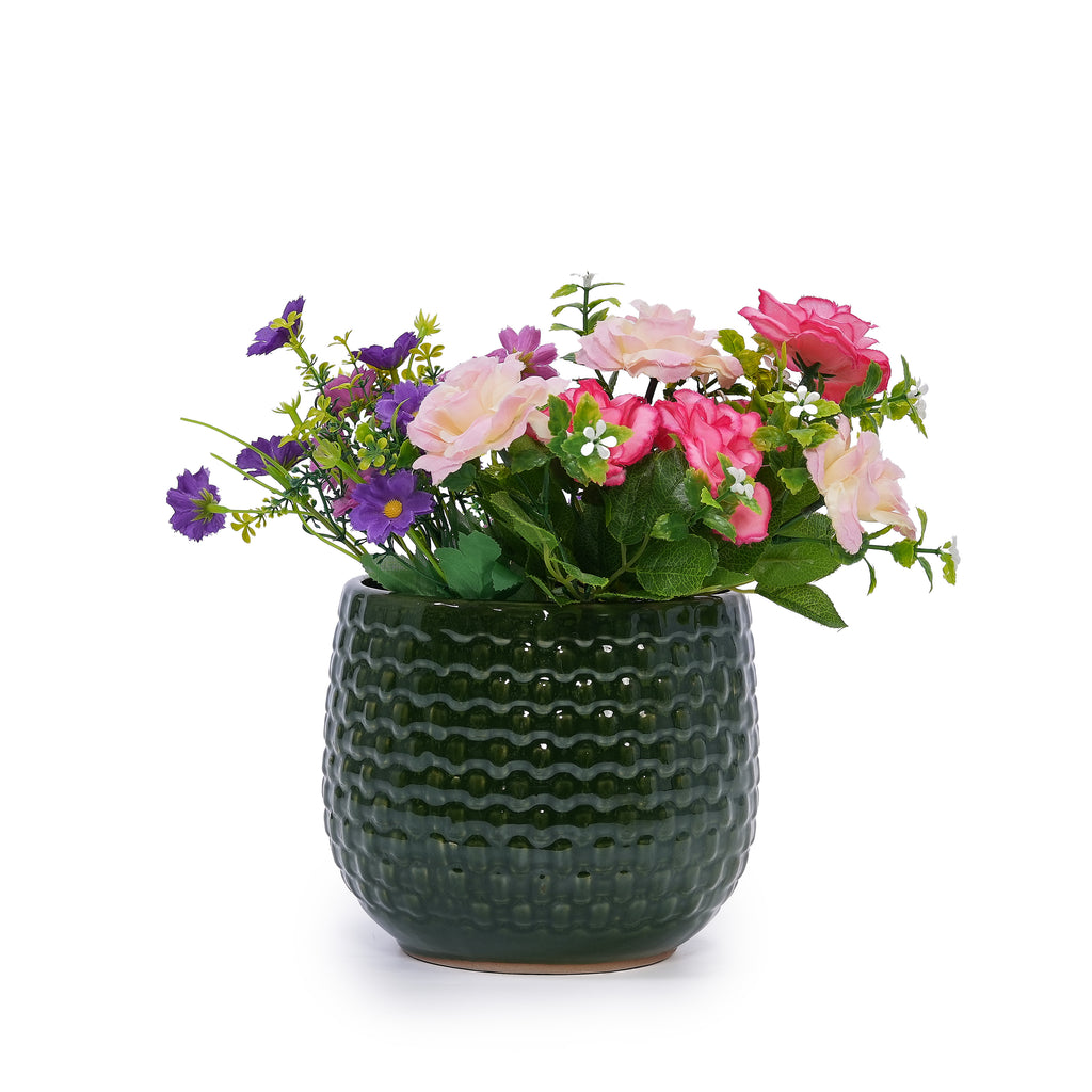 Handmade Glazed Ceramic Planter Set of 3, 9/7/5 Inch Diameter, Dark Green Solid Glossy Finish, for Succulents & Herbs Outdoor Patio & Indoor Staircase Use, Breathable Clay with Drainage Holes