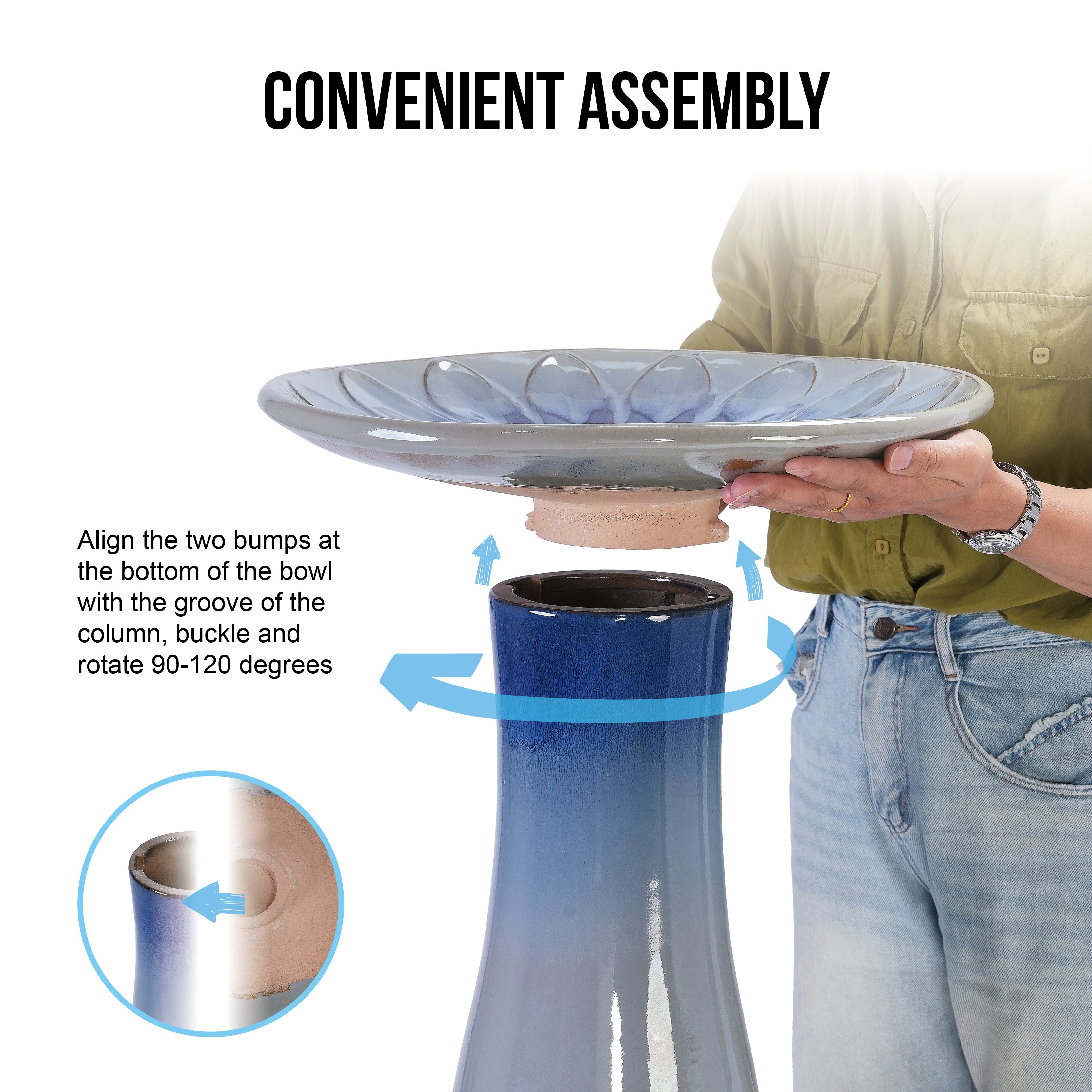 Handmade glazed ceramic bird bath, 17" daisy petal embossed tray & 18" pedestal base, light grey to sapphire blue ombre gradient glaze outdoor bird feeder for yard, lawn, patio & backyard
