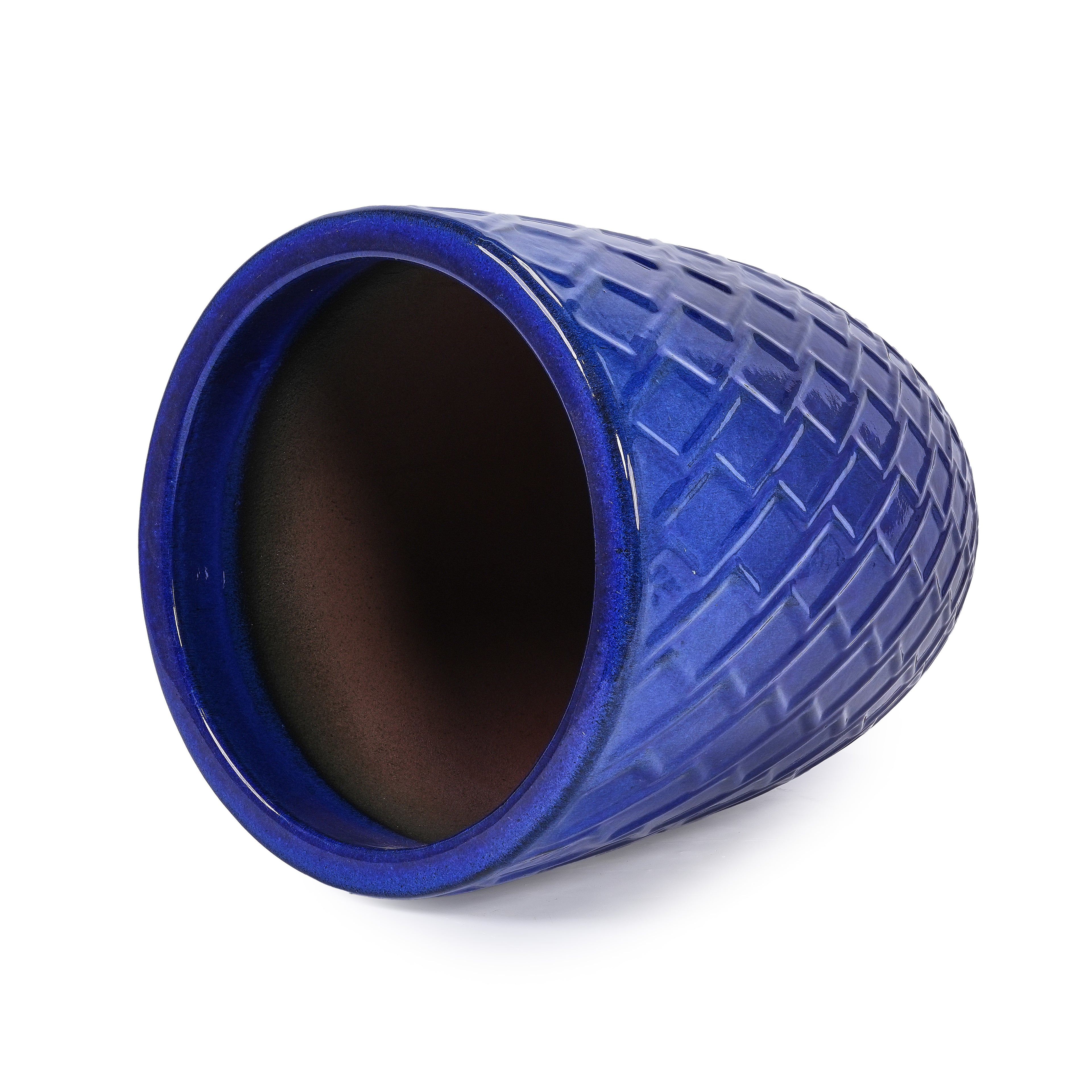 Handmade Ceramic Planter Pot, 17 Inch Diameter, 1 Piece, Sapphire Blue with Diamond Pattern, for Monstera Deliciosa and Fiddle Leaf Fig, Indoor/Outdoor Doorway Use, Breathable Clay