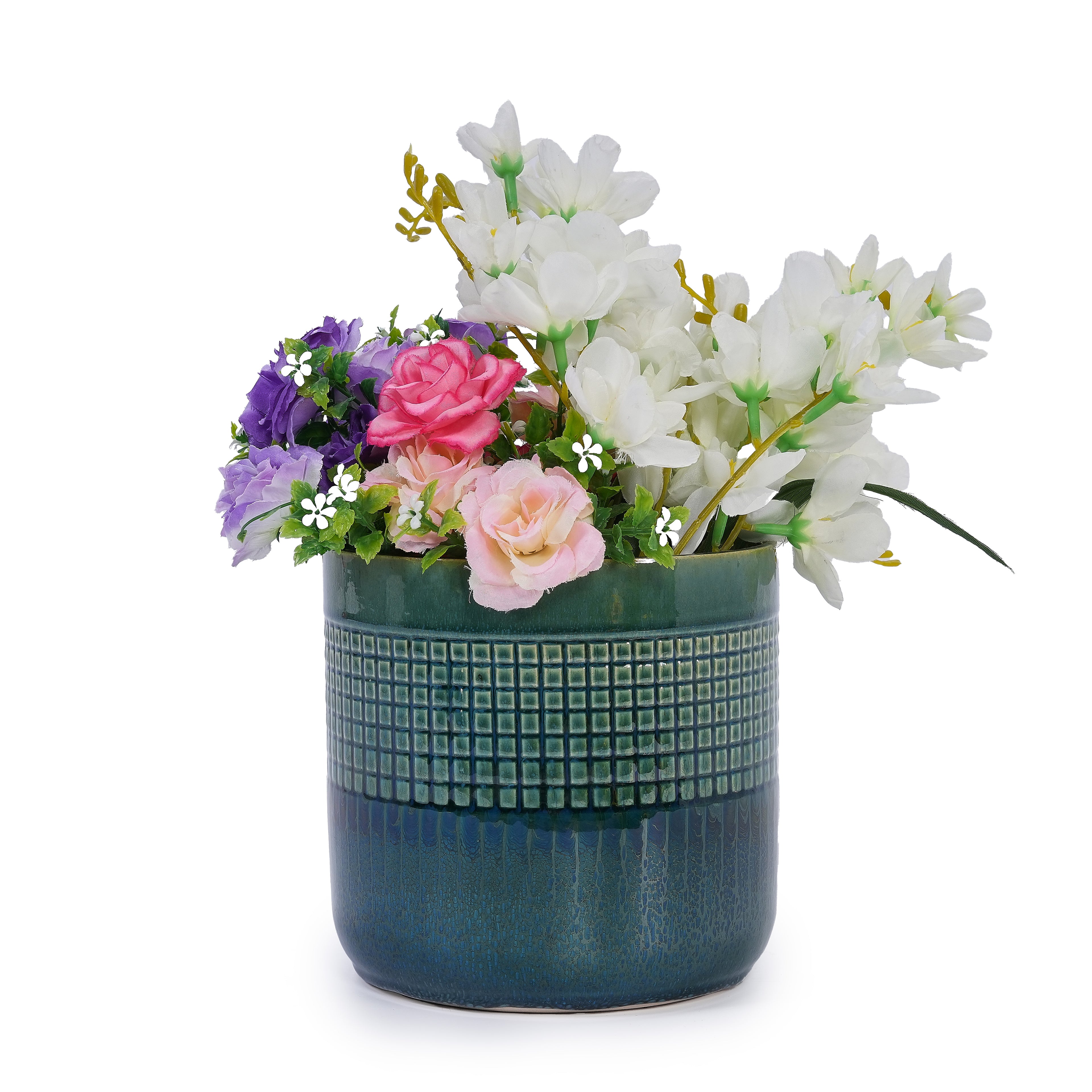 Handmade Green Glazed Ceramic Planter Set of 3, 10" 8" 6" Diameter, Square Grid Pattern, for Succulents & Herbs Indoor/Outdoor Shelf & Table Use, Breathable Clay with Drainage Holes