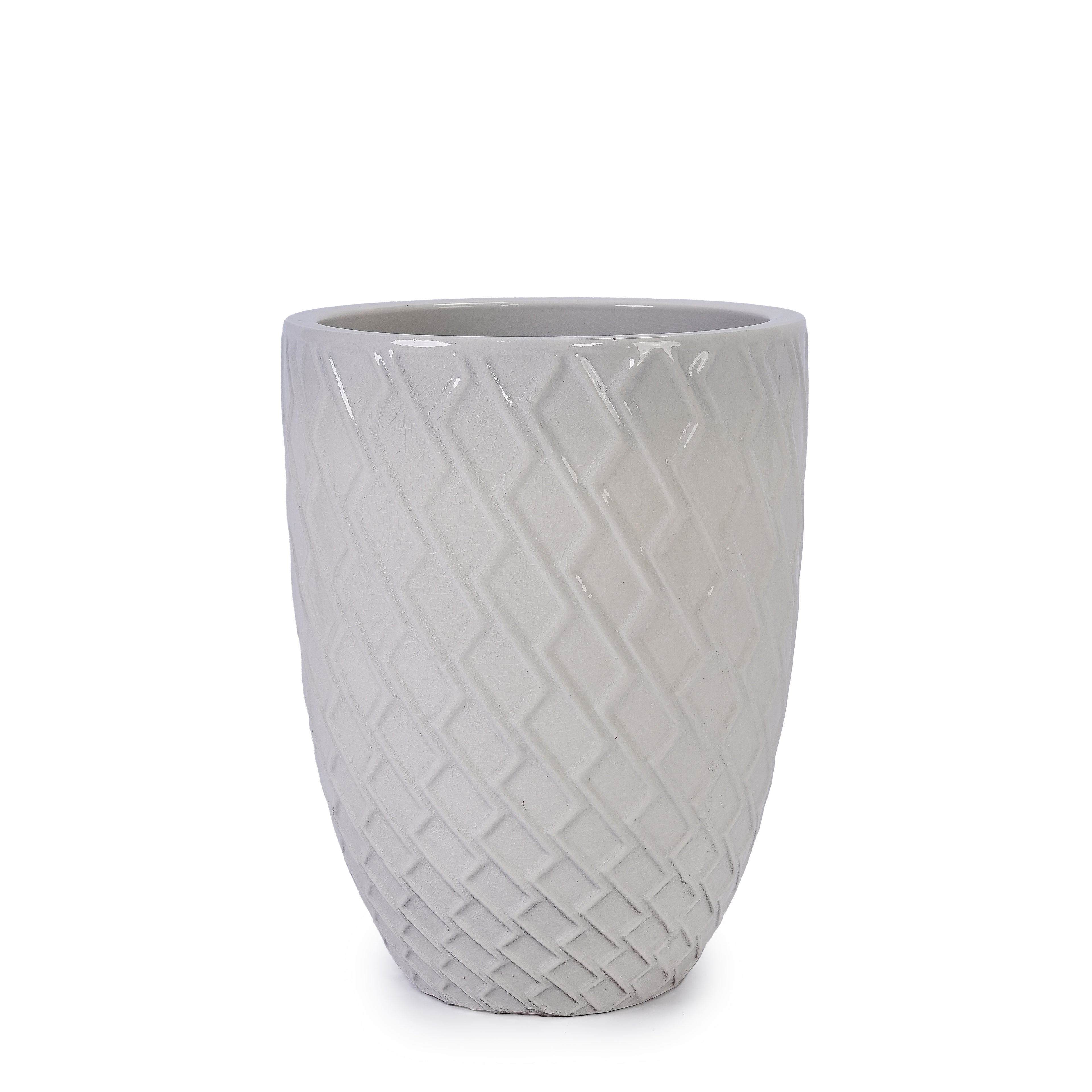 Handmade Ceramic Planter Pot, 17 Inch Diameter, 1 Piece, Cream White with Diamond Pattern, for Monstera Deliciosa and Fiddle Leaf Fig, Indoor/Outdoor Doorway Use, Breathable Clay