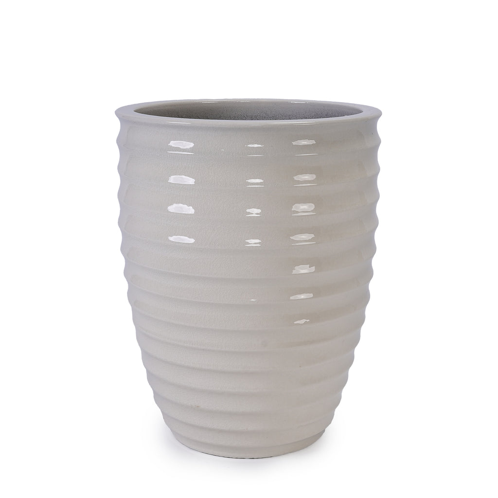 Handmade White Ceramic Planter, 17" Diameter, 1 Piece, Horizontal Ripple & Ice-Crack Pattern, for Monstera and Fiddle Leaf Fig, Indoor & Outdoor Doorway Use, Breathable Clay