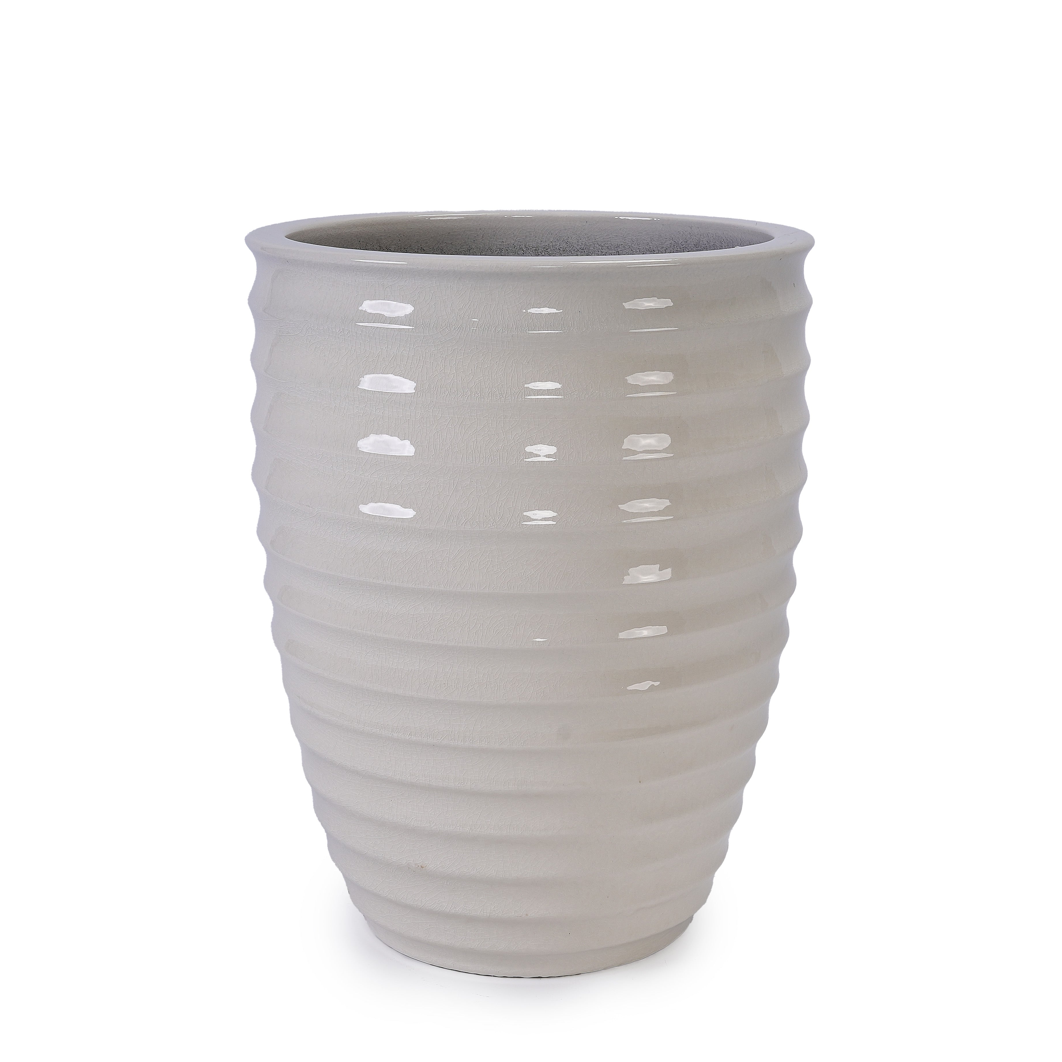 Handmade White Ceramic Planter, 17" Diameter, 1 Piece, Horizontal Ripple & Ice-Crack Pattern, for Monstera and Fiddle Leaf Fig, Indoor & Outdoor Doorway Use, Breathable Clay