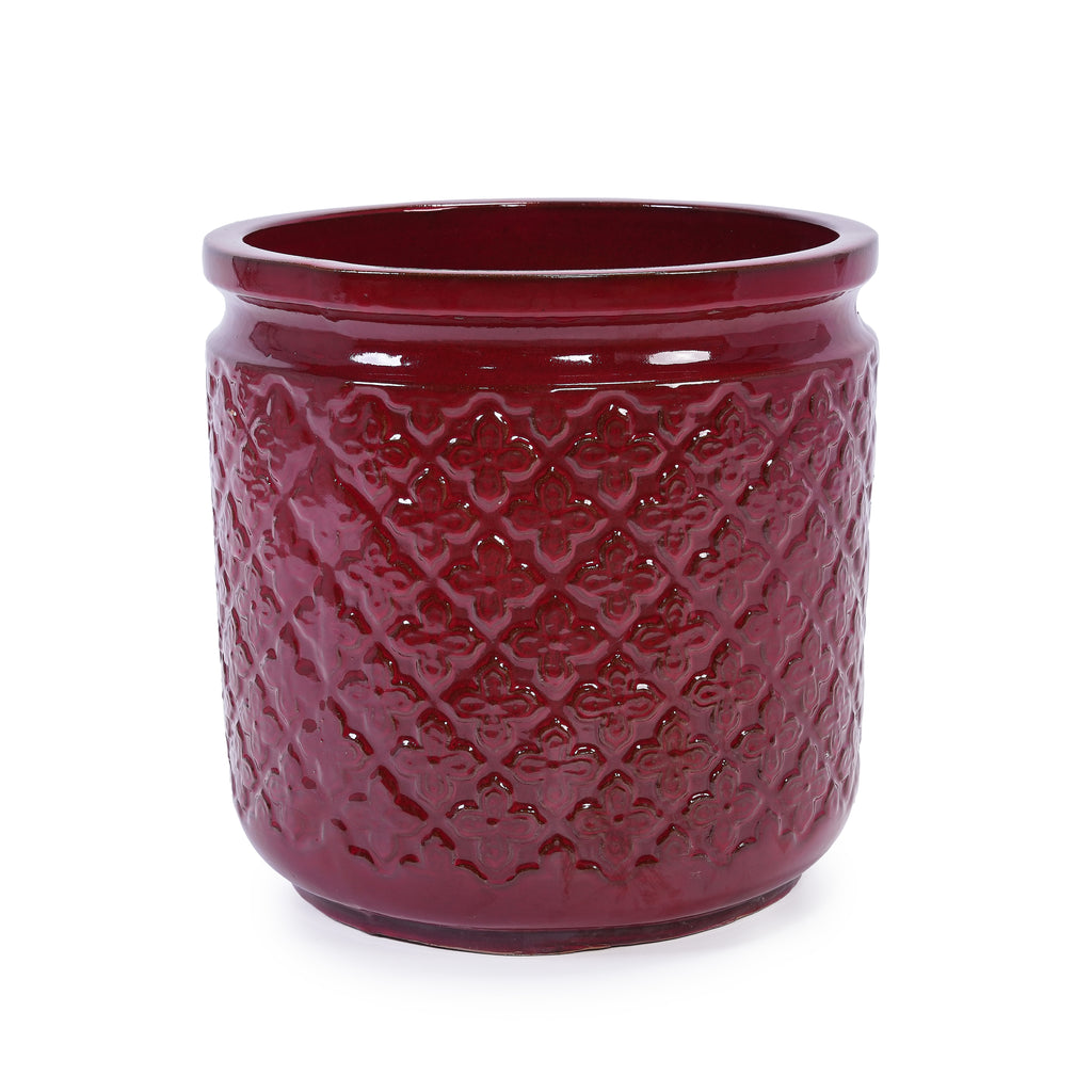 Handmade Ceramic Planter Set of 3, 15/12/9 Inch Diameter, Burgundy Diamond-Pattern, for Orchids & Indoor Plants, Windowsill & Bookshelf Use, Breathable Clay