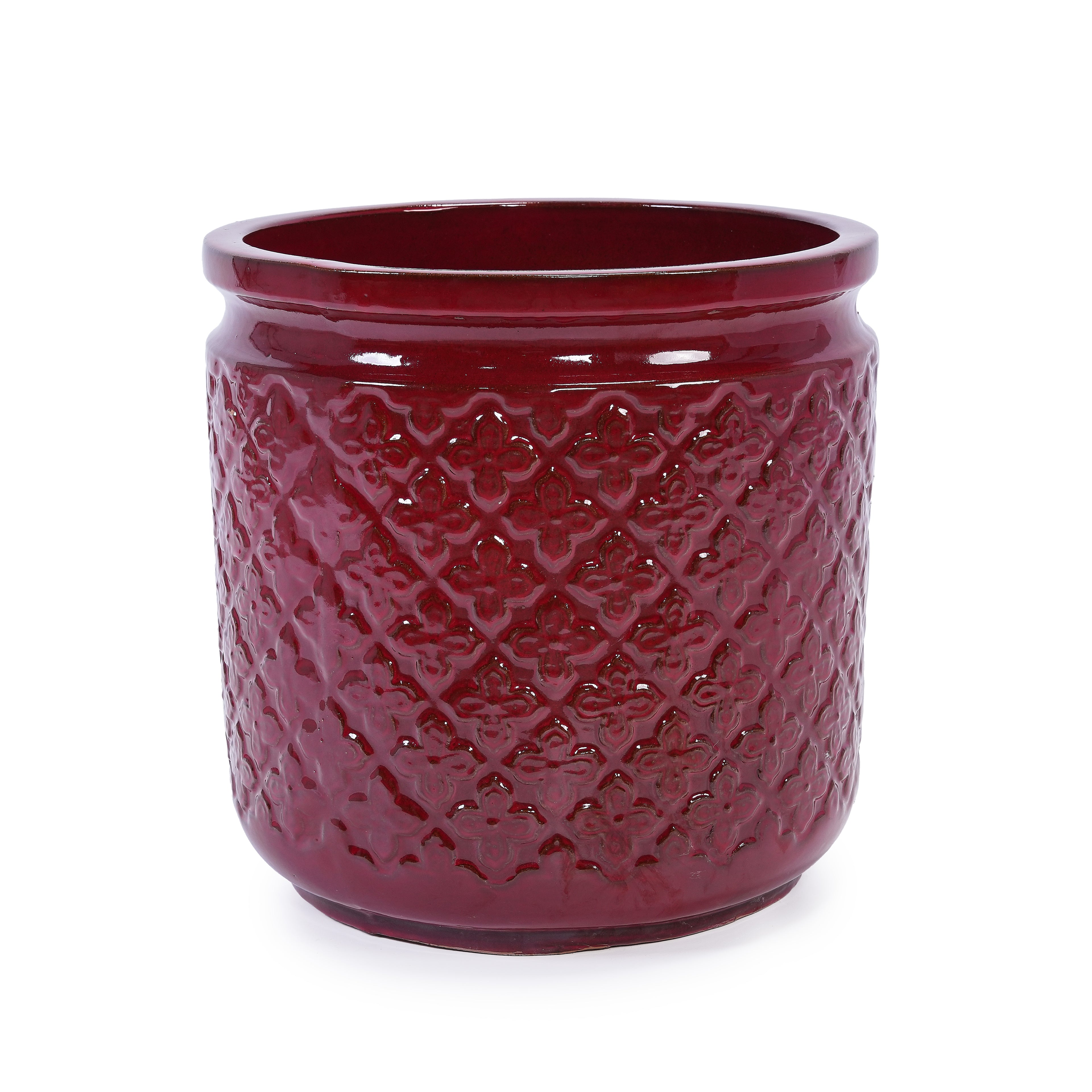 Handmade Ceramic Planter Set of 3, 15/12/9 Inch Diameter, Burgundy Diamond-Pattern, for Orchids & Indoor Plants, Windowsill & Bookshelf Use, Breathable Clay