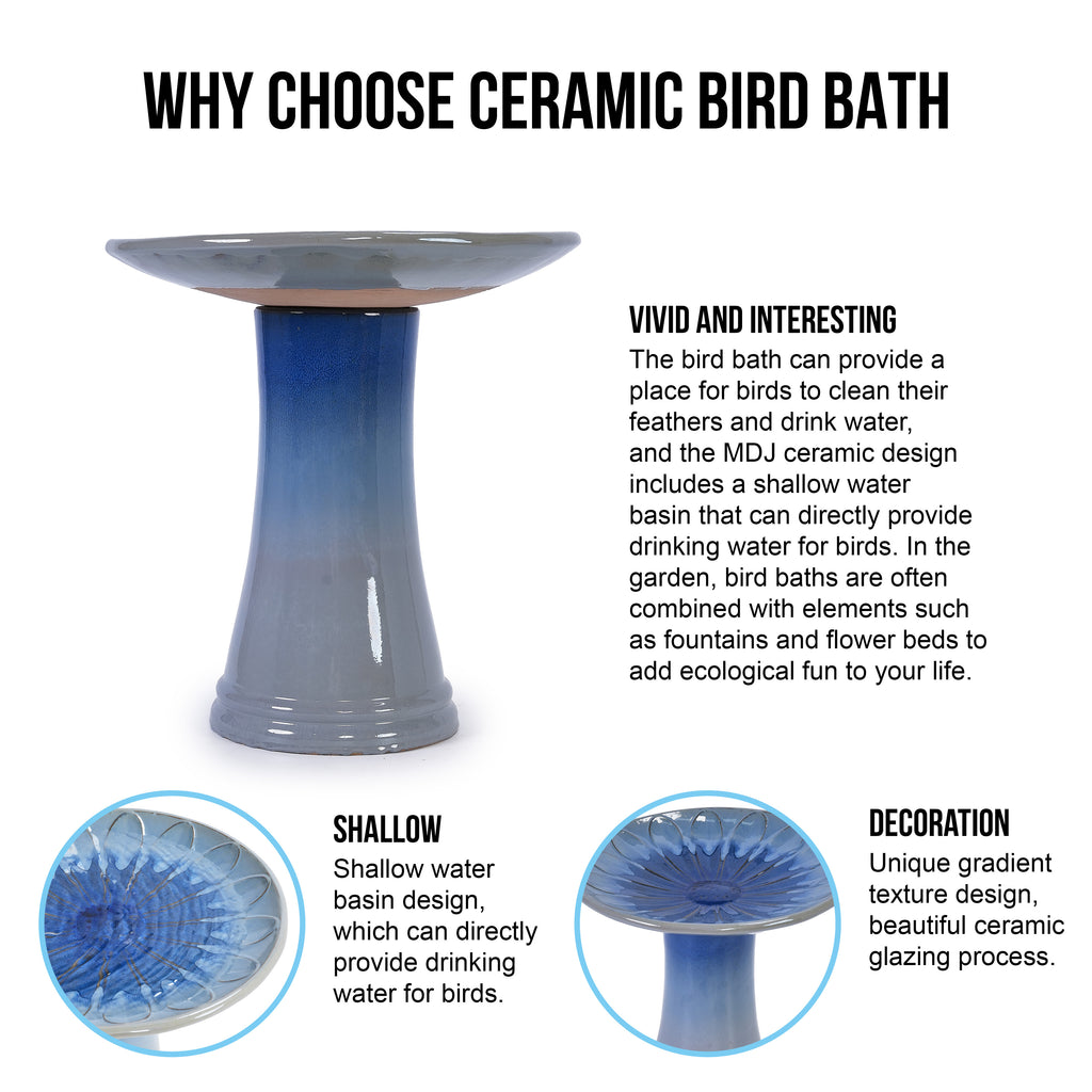 Handmade glazed ceramic bird bath, 17" daisy petal embossed tray & 18" pedestal base, light grey to sapphire blue ombre gradient glaze outdoor bird feeder for yard, lawn, patio & backyard