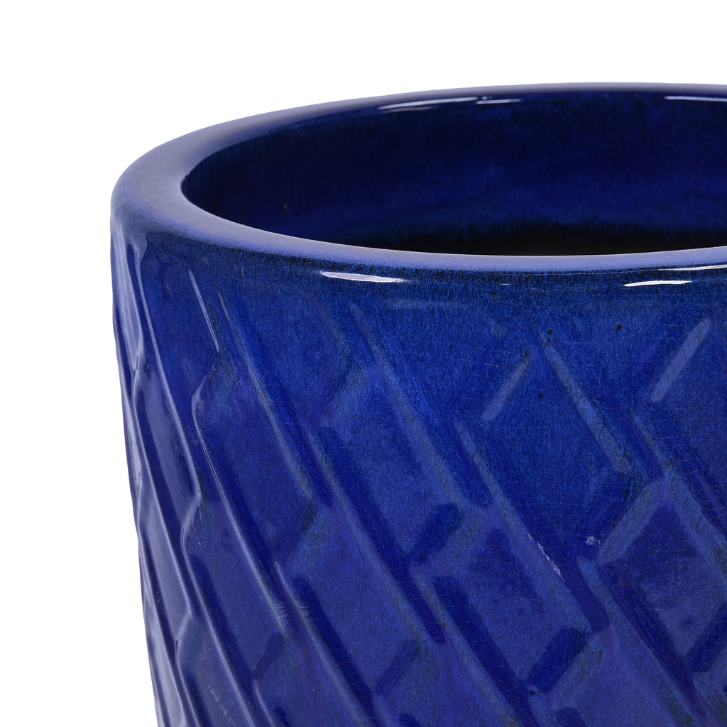 Handmade Ceramic Planter Pot, 17 Inch Diameter, 1 Piece, Sapphire Blue with Diamond Pattern, for Monstera Deliciosa and Fiddle Leaf Fig, Indoor/Outdoor Doorway Use, Breathable Clay