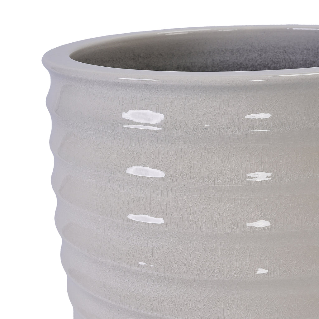 Handmade White Ceramic Planter, 17" Diameter, 1 Piece, Horizontal Ripple & Ice-Crack Pattern, for Monstera and Fiddle Leaf Fig, Indoor & Outdoor Doorway Use, Breathable Clay