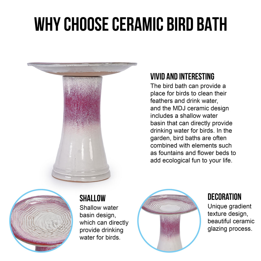 Handmade glazed ceramic bird bath, 17" concentric ripple embossed tray & 18" pedestal base, white to rose ombre gradient glaze outdoor bird feeder for yard, lawn, patio & backyard