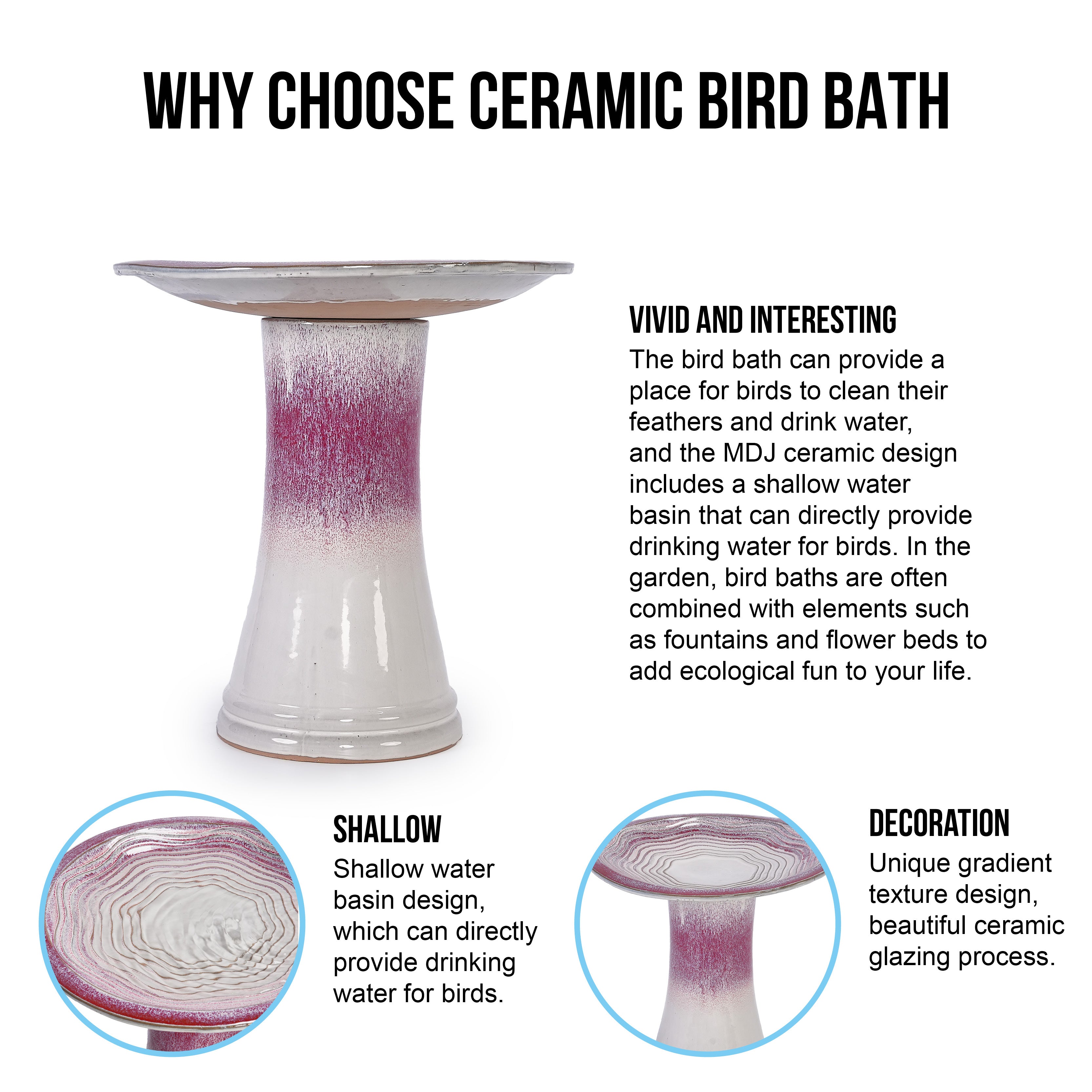 Handmade glazed ceramic bird bath, 17" concentric ripple embossed tray & 18" pedestal base, white to rose ombre gradient glaze outdoor bird feeder for yard, lawn, patio & backyard