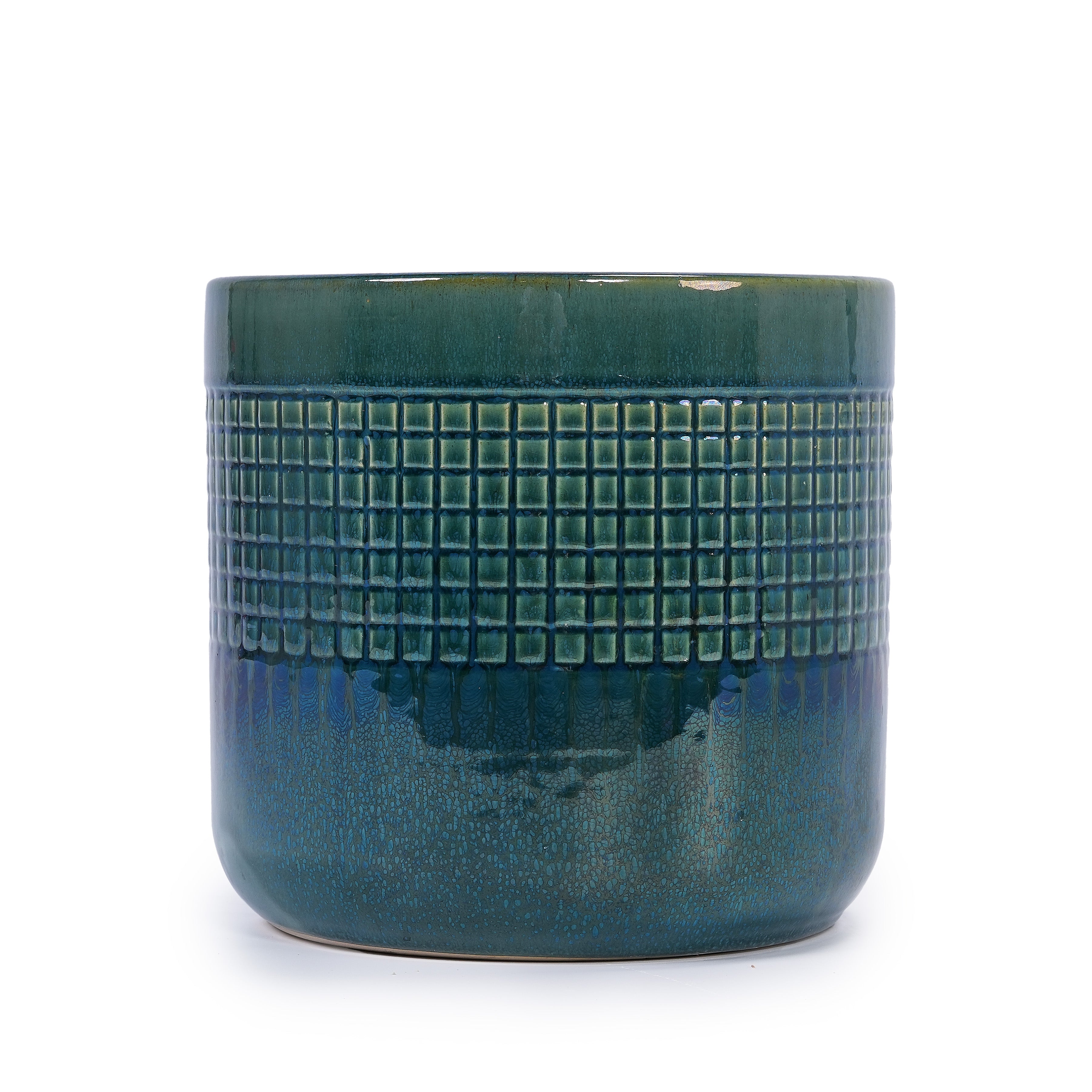 Handmade Green Glazed Ceramic Planter Set of 3, 10" 8" 6" Diameter, Square Grid Pattern, for Succulents & Herbs Indoor/Outdoor Shelf & Table Use, Breathable Clay with Drainage Holes