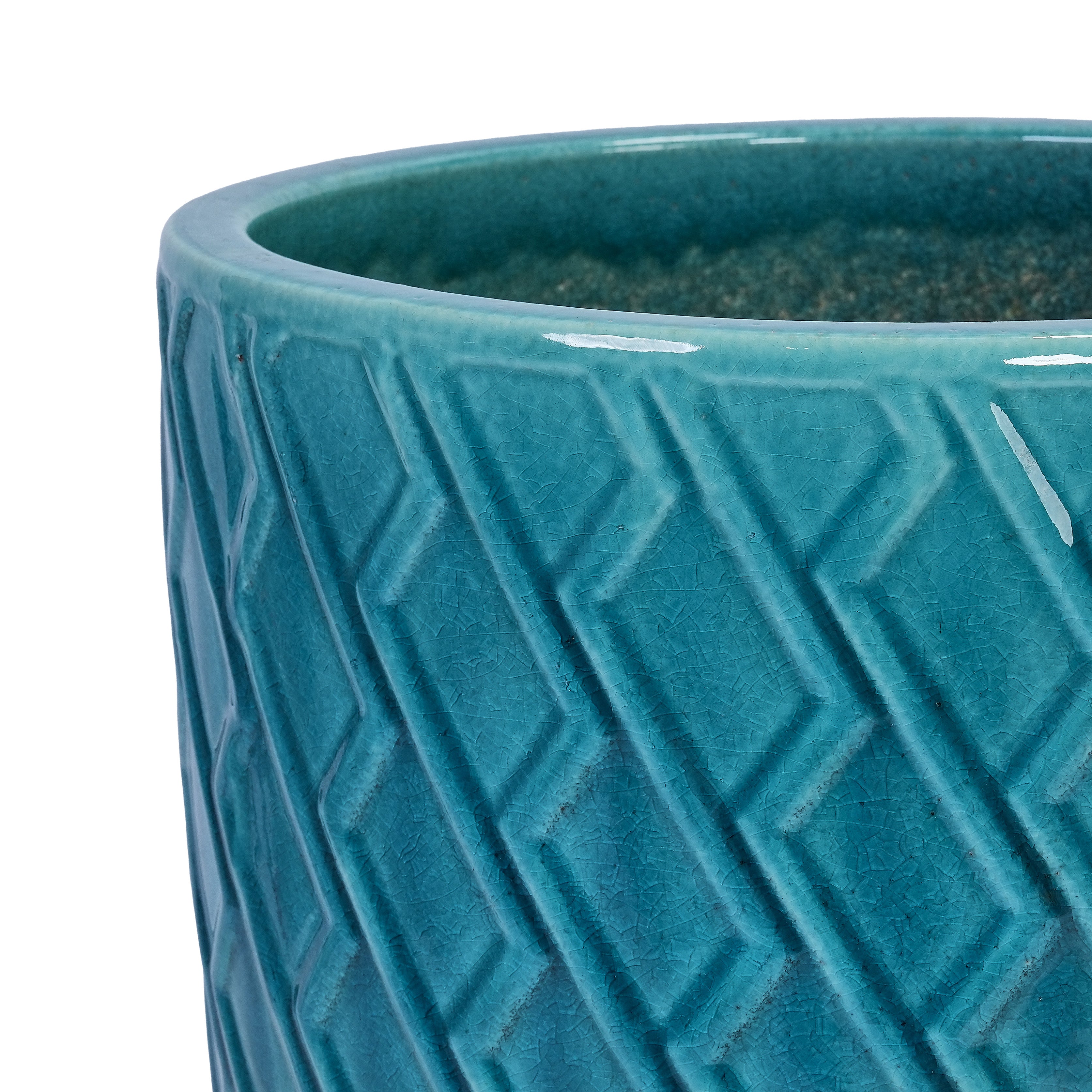 Handmade Ceramic Planter Pot, 17 Inch Diameter, 1 Piece, Teal Cyan with Falling Diamond , for Monstera Deliciosa and Fiddle Leaf Fig, Indoor/Outdoor Doorway Use, Breathable Clay