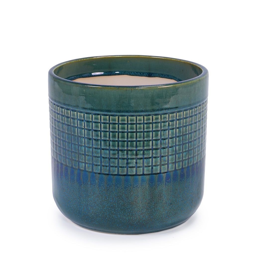 Handmade Green Glazed Ceramic Planter Set of 3, 10" 8" 6" Diameter, Square Grid Pattern, for Succulents & Herbs Indoor/Outdoor Shelf & Table Use, Breathable Clay with Drainage Holes