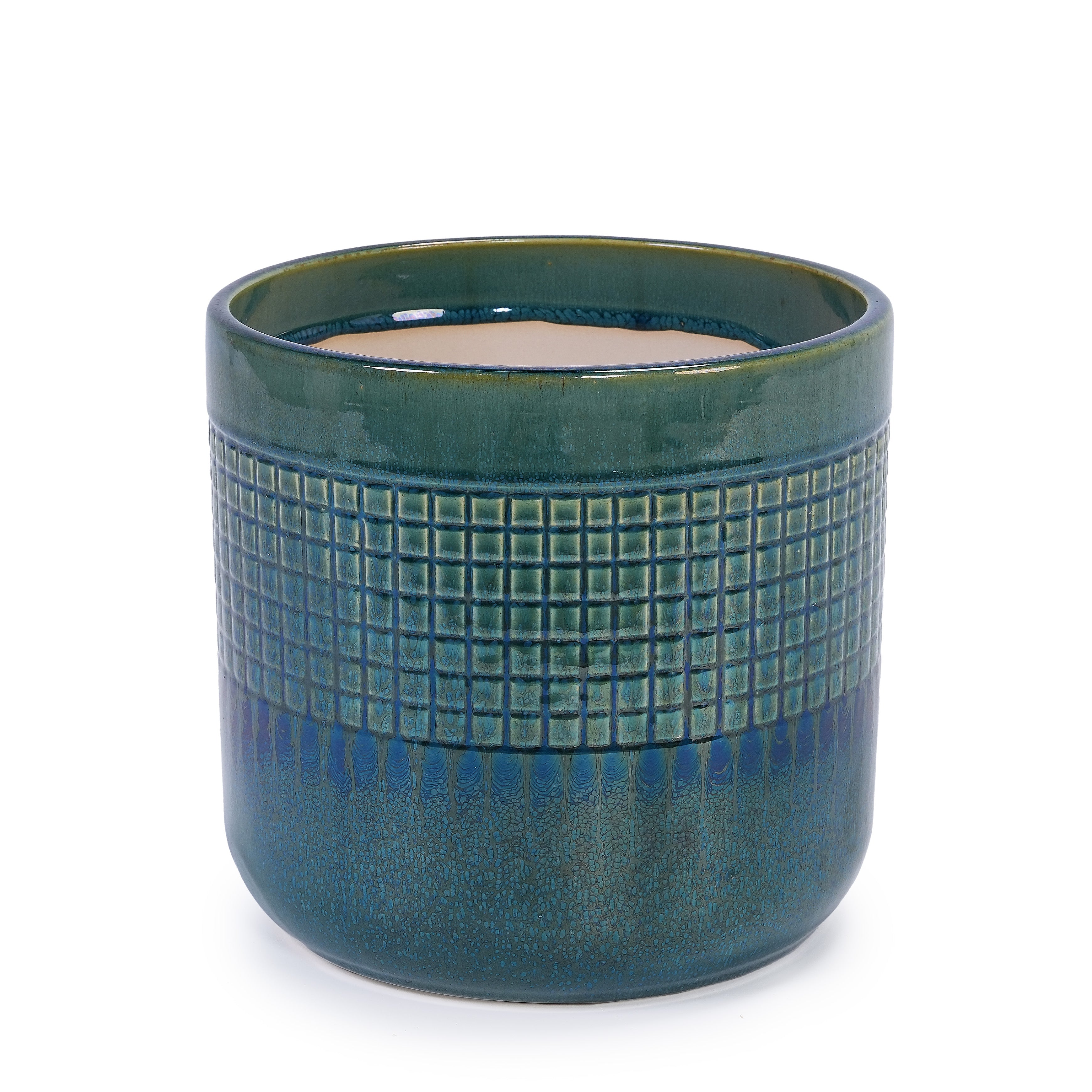 Handmade Green Glazed Ceramic Planter Set of 3, 10" 8" 6" Diameter, Square Grid Pattern, for Succulents & Herbs Indoor/Outdoor Shelf & Table Use, Breathable Clay with Drainage Holes