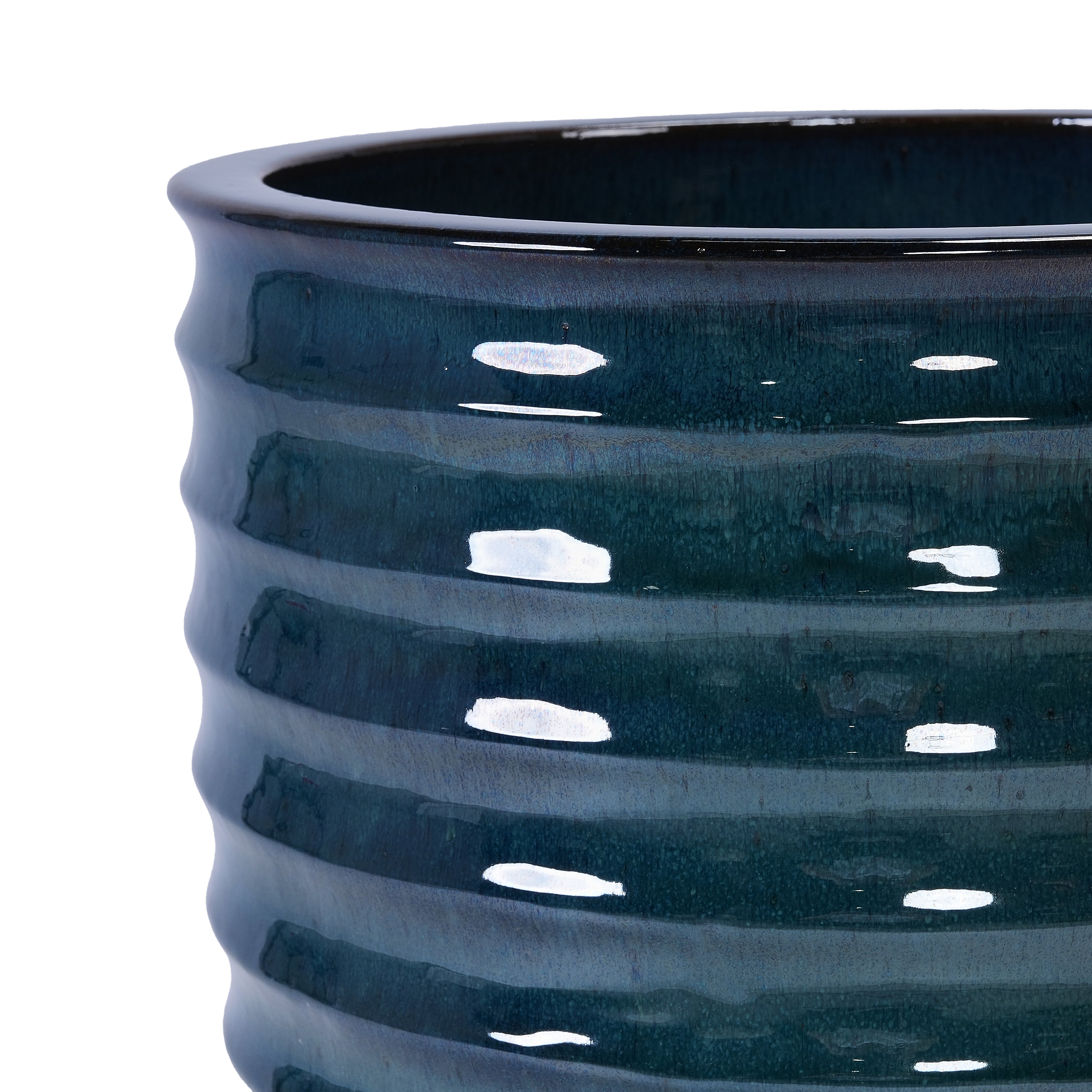 Handmade Deep Green Ceramic Planter, 17 Inch Diameter, 1 Piece, Horizontal Ripples Pattern, for Monstera and Fiddle Leaf Fig, Indoor & Outdoor Doorway Use, Breathable Clay