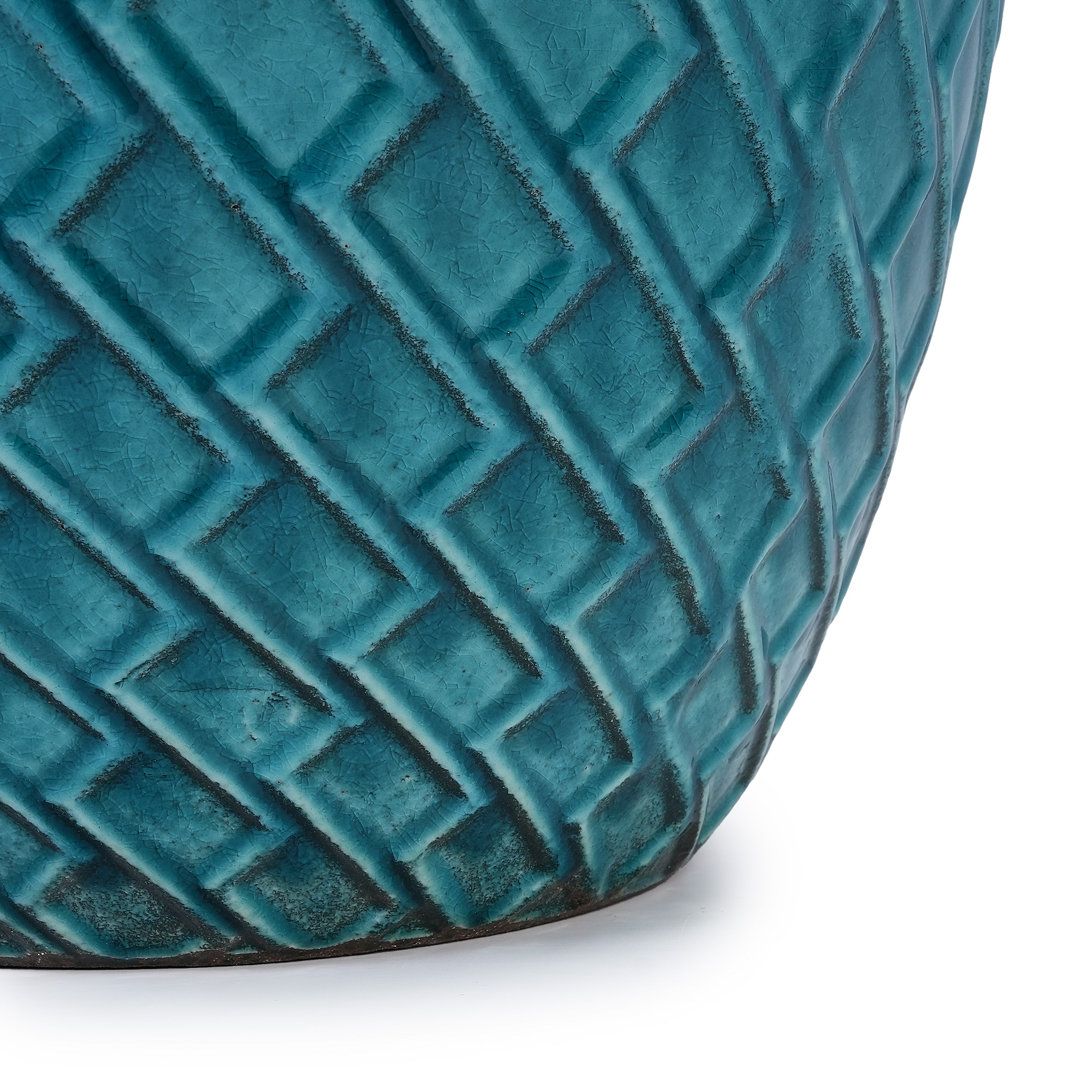 Handmade Ceramic Planter Pot, 17 Inch Diameter, 1 Piece, Teal Cyan with Falling Diamond , for Monstera Deliciosa and Fiddle Leaf Fig, Indoor/Outdoor Doorway Use, Breathable Clay