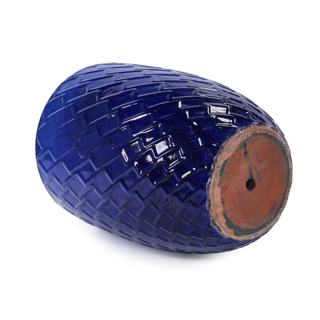 Handmade Ceramic Planter Pot, 17 Inch Diameter, 1 Piece, Sapphire Blue with Diamond Pattern, for Monstera Deliciosa and Fiddle Leaf Fig, Indoor/Outdoor Doorway Use, Breathable Clay