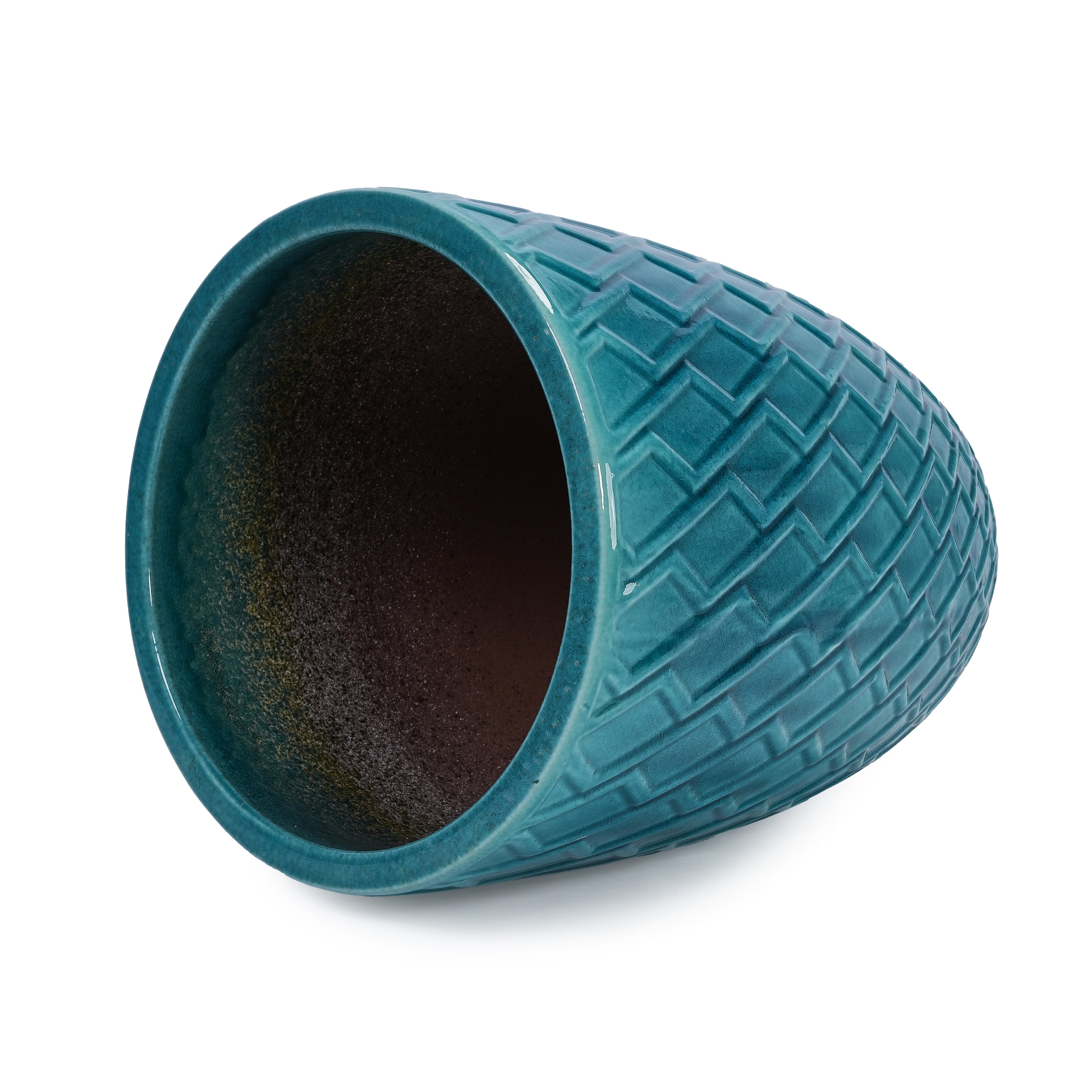 Handmade Ceramic Planter Pot, 17 Inch Diameter, 1 Piece, Teal Cyan with Falling Diamond , for Monstera Deliciosa and Fiddle Leaf Fig, Indoor/Outdoor Doorway Use, Breathable Clay