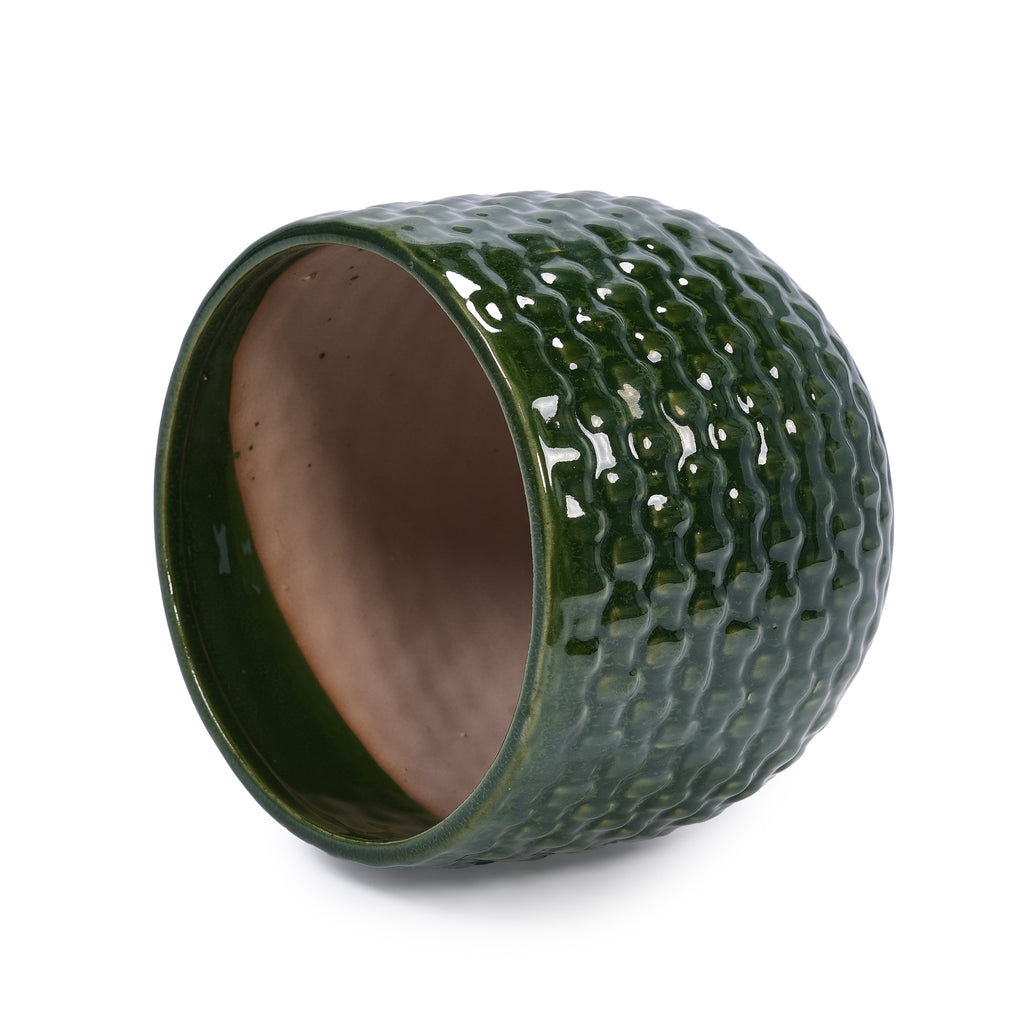 Handmade Glazed Ceramic Planter Set of 3, 9/7/5 Inch Diameter, Dark Green Solid Glossy Finish, for Succulents & Herbs Outdoor Patio & Indoor Staircase Use, Breathable Clay with Drainage Holes