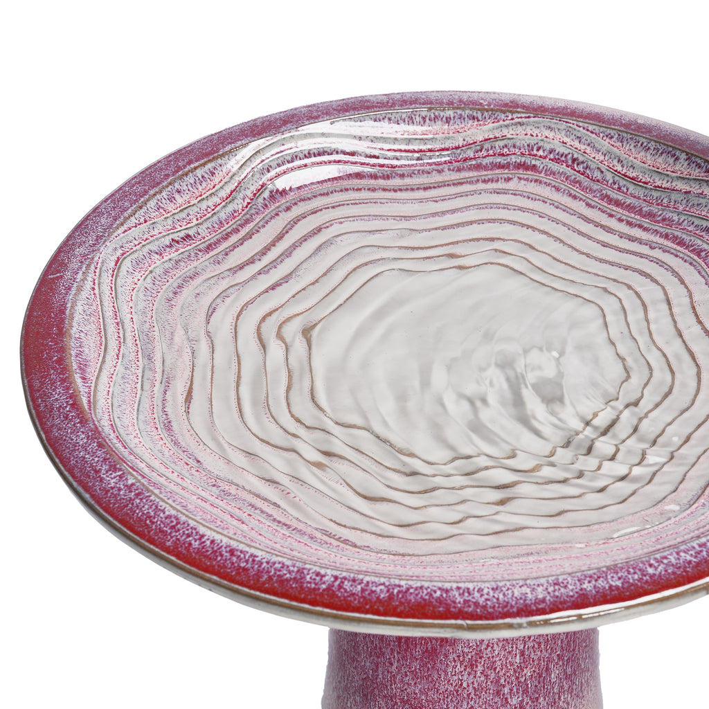 Handmade glazed ceramic bird bath, 17" concentric ripple embossed tray & 18" pedestal base, white to rose ombre gradient glaze outdoor bird feeder for yard, lawn, patio & backyard