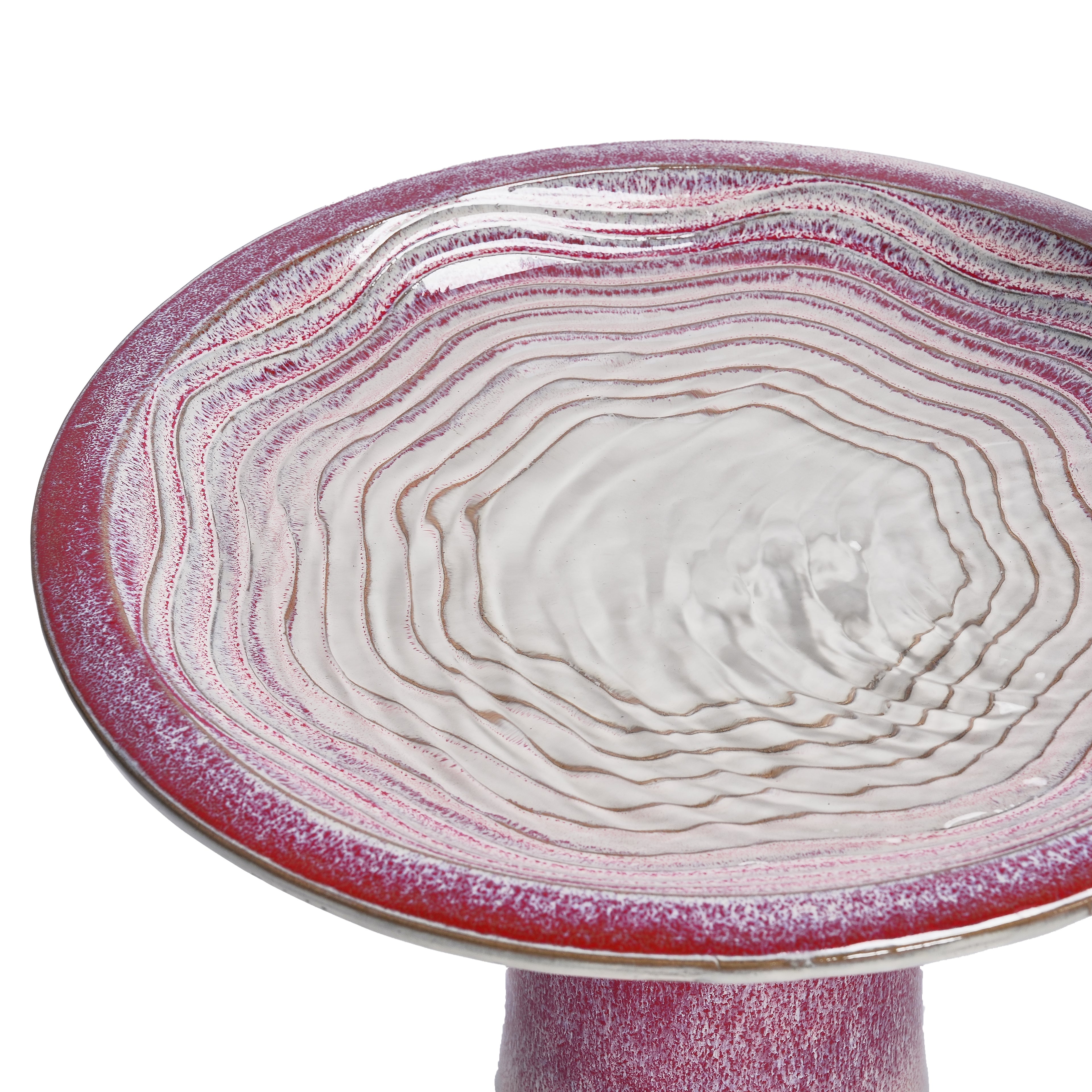 Handmade glazed ceramic bird bath, 17" concentric ripple embossed tray & 18" pedestal base, white to rose ombre gradient glaze outdoor bird feeder for yard, lawn, patio & backyard