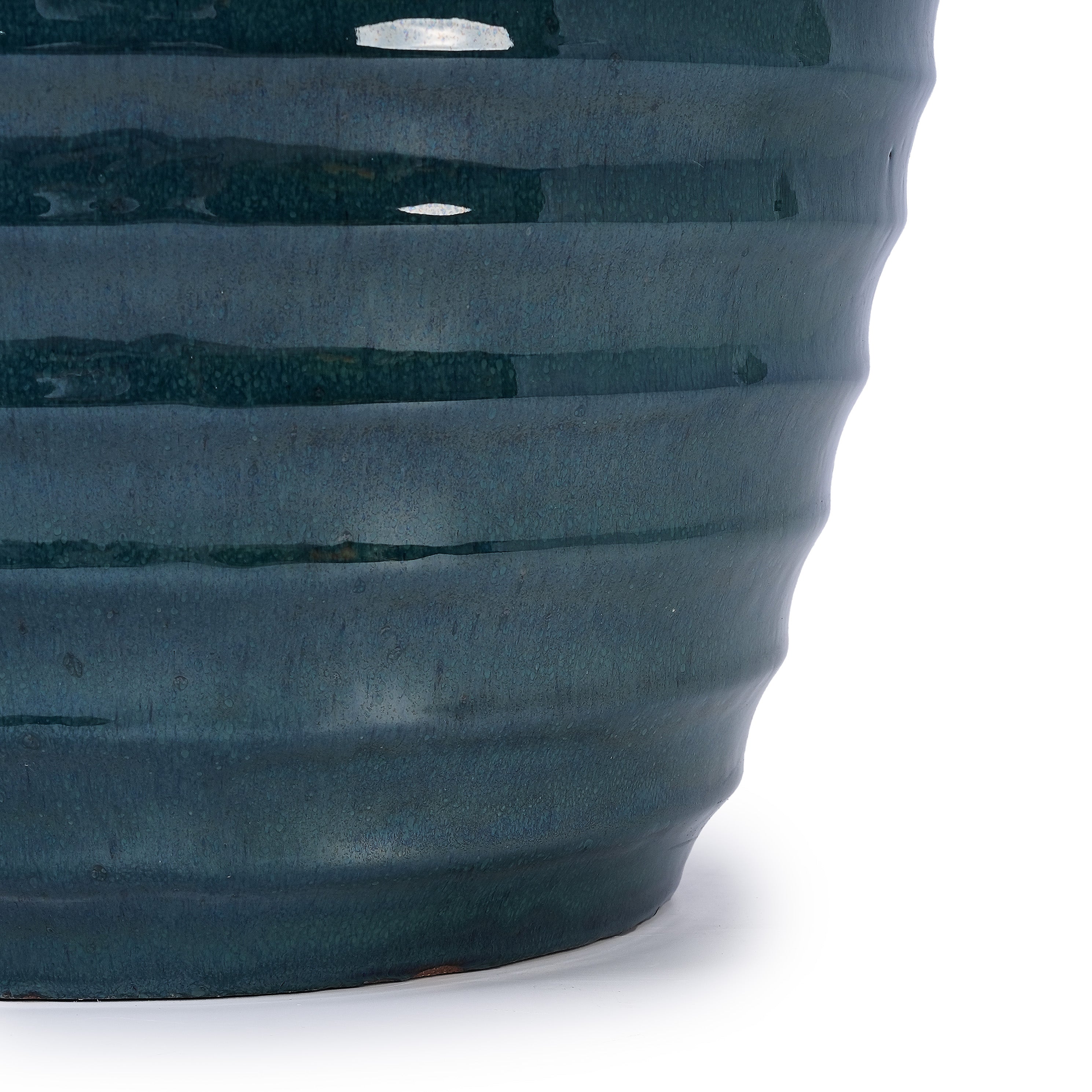 Handmade Deep Green Ceramic Planter, 17 Inch Diameter, 1 Piece, Horizontal Ripples Pattern, for Monstera and Fiddle Leaf Fig, Indoor & Outdoor Doorway Use, Breathable Clay