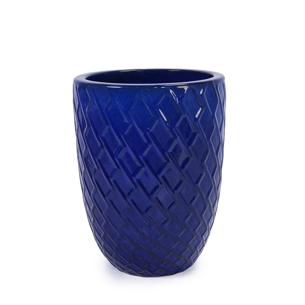 Handmade Ceramic Planter Pot, 17 Inch Diameter, 1 Piece, Sapphire Blue with Diamond Pattern, for Monstera Deliciosa and Fiddle Leaf Fig, Indoor/Outdoor Doorway Use, Breathable Clay