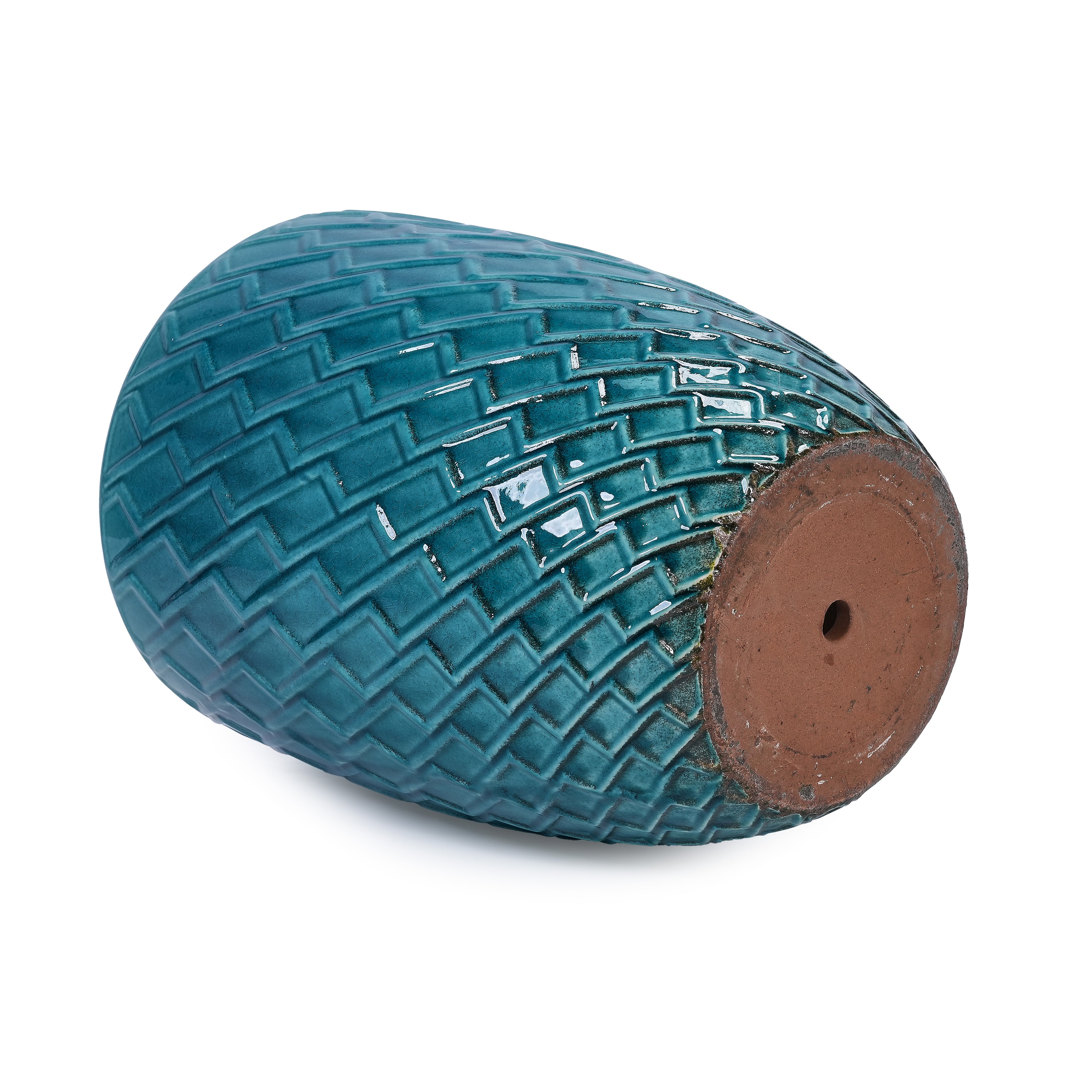 Handmade Ceramic Planter Pot, 17 Inch Diameter, 1 Piece, Teal Cyan with Falling Diamond , for Monstera Deliciosa and Fiddle Leaf Fig, Indoor/Outdoor Doorway Use, Breathable Clay