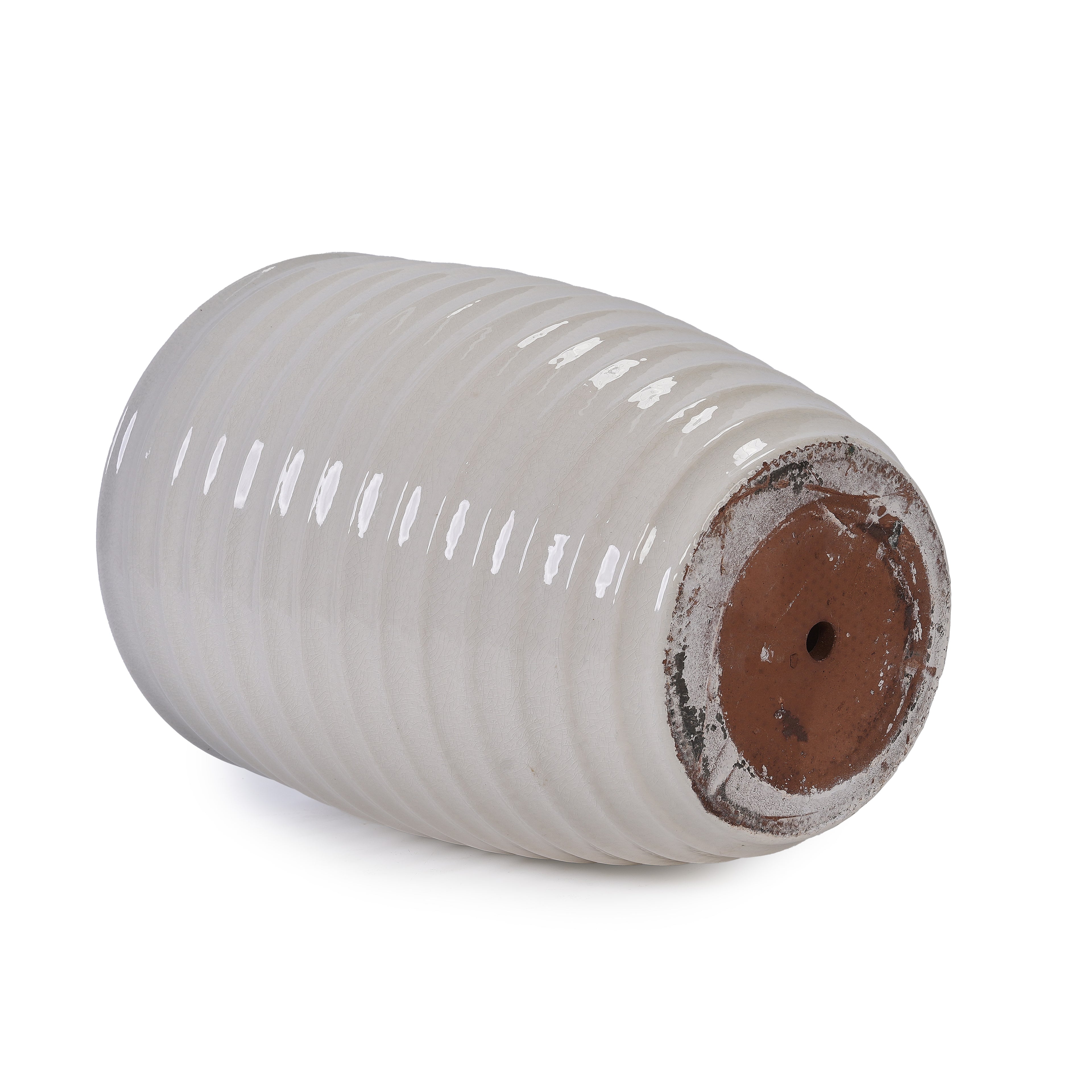 Handmade White Ceramic Planter, 17" Diameter, 1 Piece, Horizontal Ripple & Ice-Crack Pattern, for Monstera and Fiddle Leaf Fig, Indoor & Outdoor Doorway Use, Breathable Clay