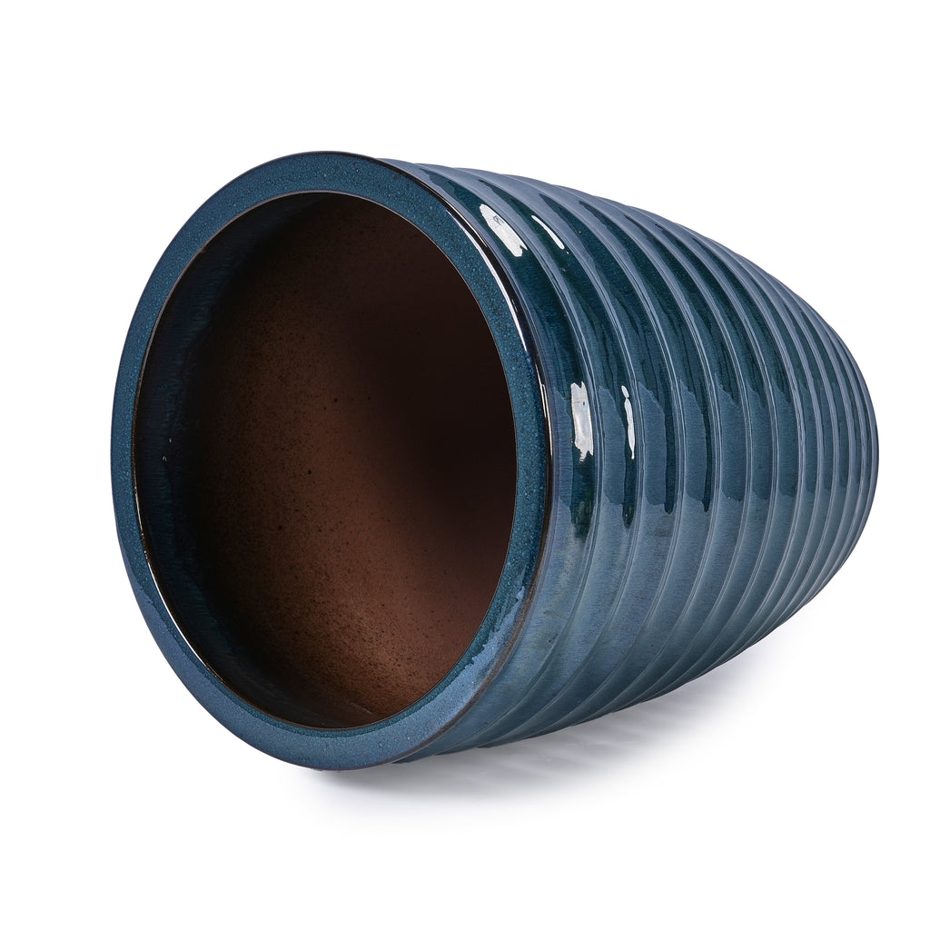 Handmade Deep Green Ceramic Planter, 17 Inch Diameter, 1 Piece, Horizontal Ripples Pattern, for Monstera and Fiddle Leaf Fig, Indoor & Outdoor Doorway Use, Breathable Clay