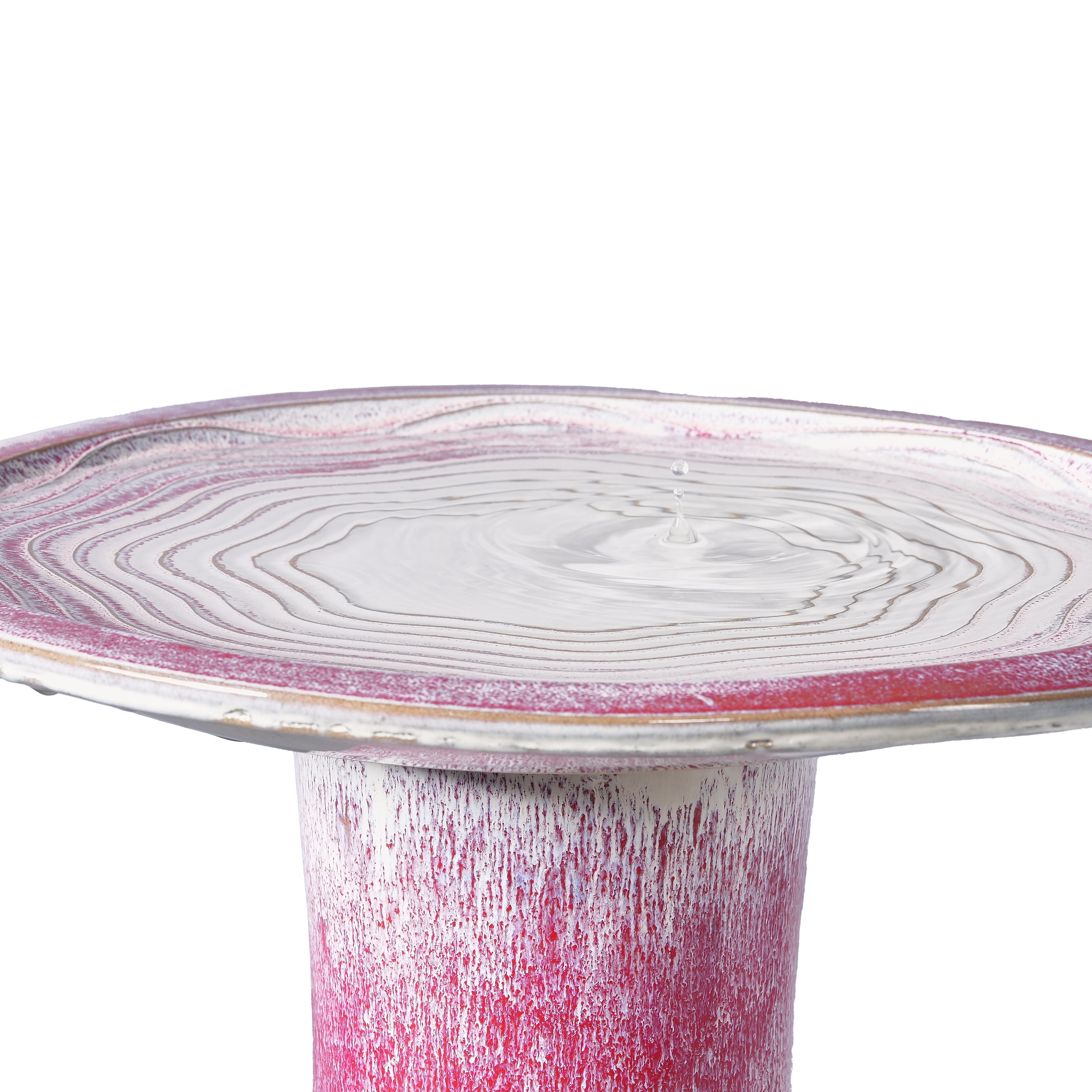 Handmade glazed ceramic bird bath, 17" concentric ripple embossed tray & 18" pedestal base, white to rose ombre gradient glaze outdoor bird feeder for yard, lawn, patio & backyard