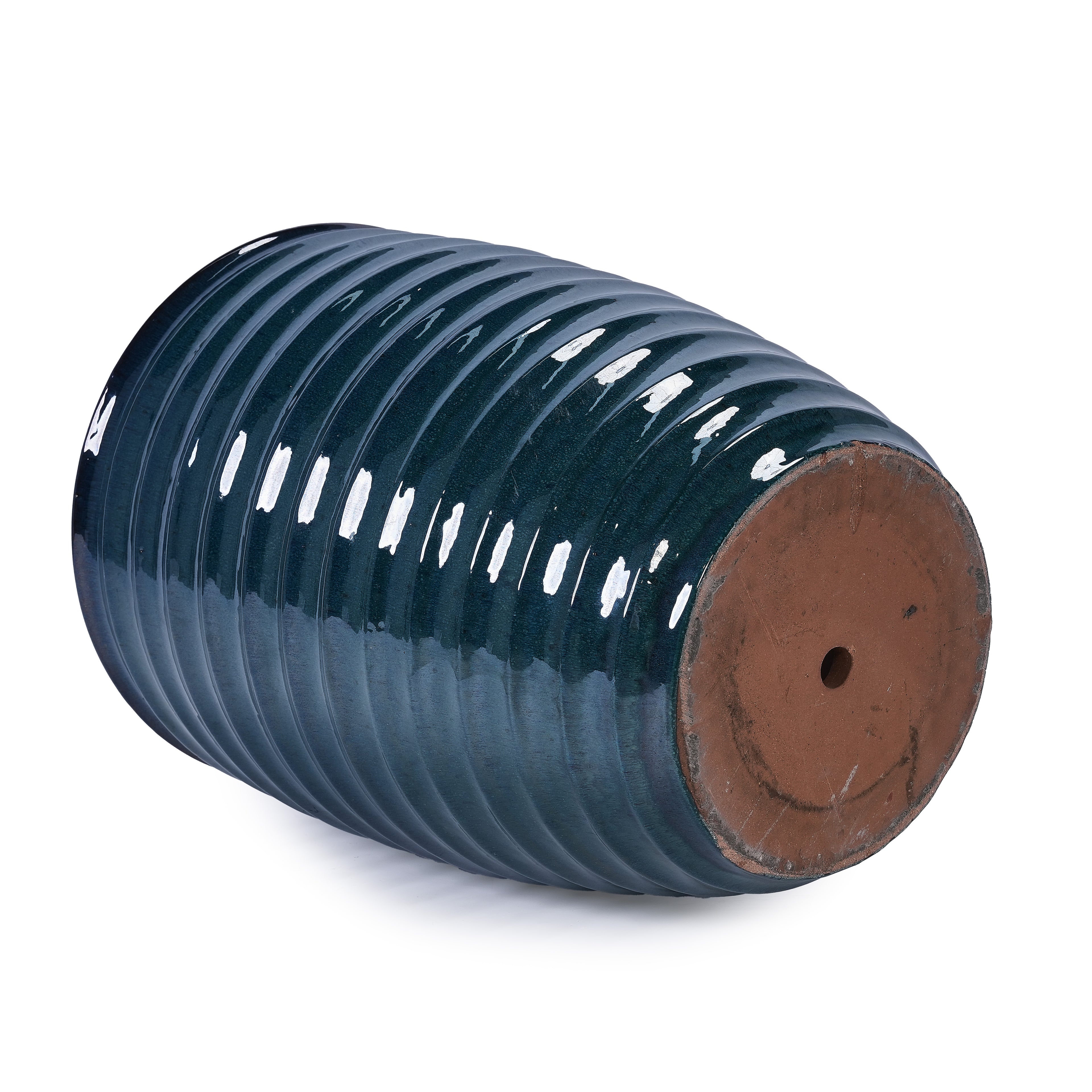 Handmade Deep Green Ceramic Planter, 17 Inch Diameter, 1 Piece, Horizontal Ripples Pattern, for Monstera and Fiddle Leaf Fig, Indoor & Outdoor Doorway Use, Breathable Clay